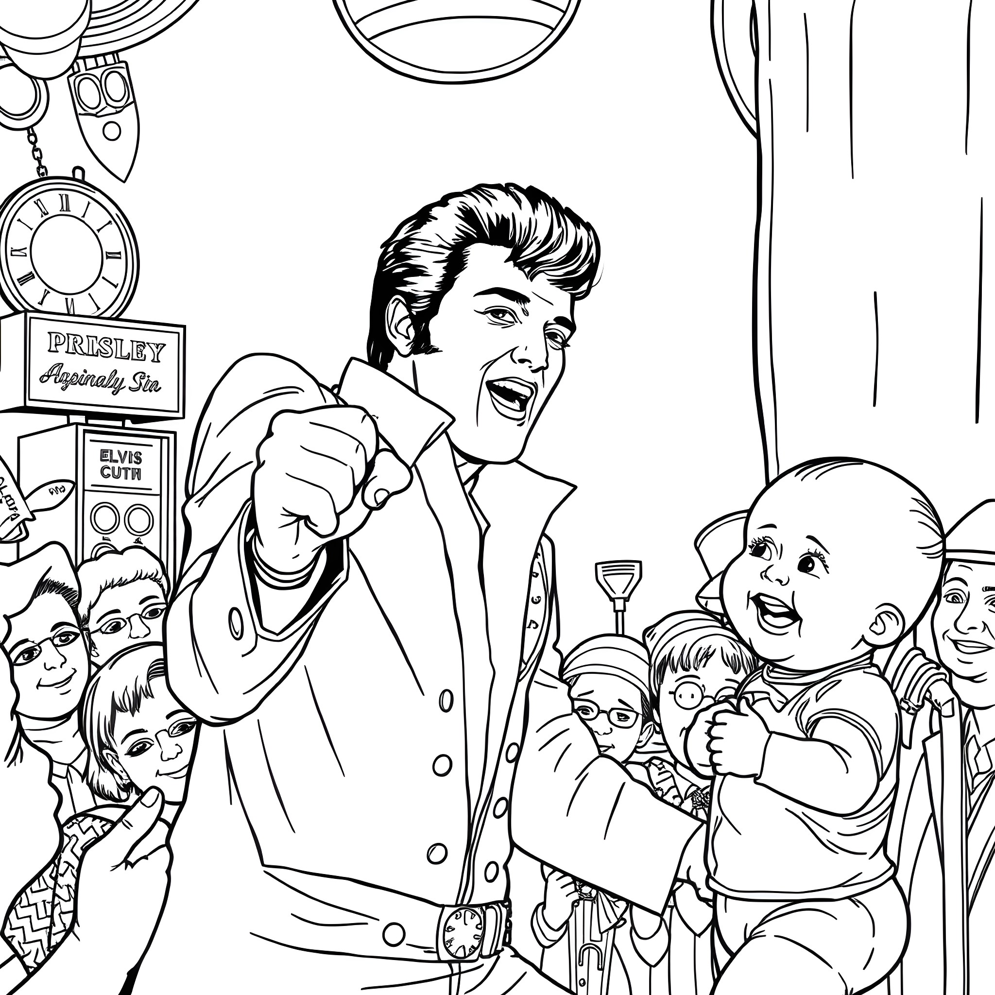 Elvis Presley performing on stage with fans Coloring Page (free black-and-white line drawing printable PDF for all, from beginners to advanced learners, including children, teens, adults, and seniors)