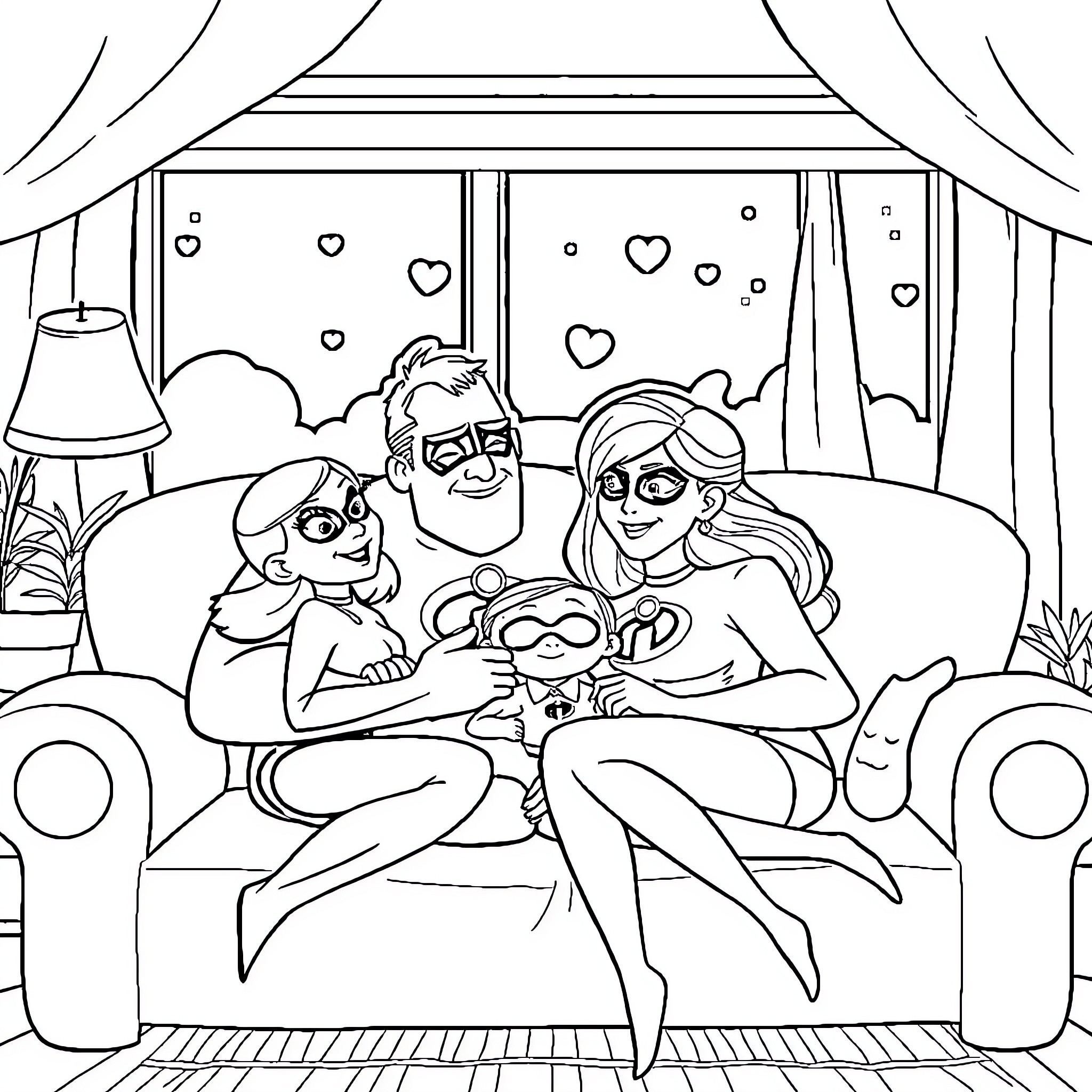 Incredibles family enjoying cozy night at home Coloring Page (free black-and-white line drawing printable PDF for all, from beginners to advanced learners, including children, teens, adults, and seniors)