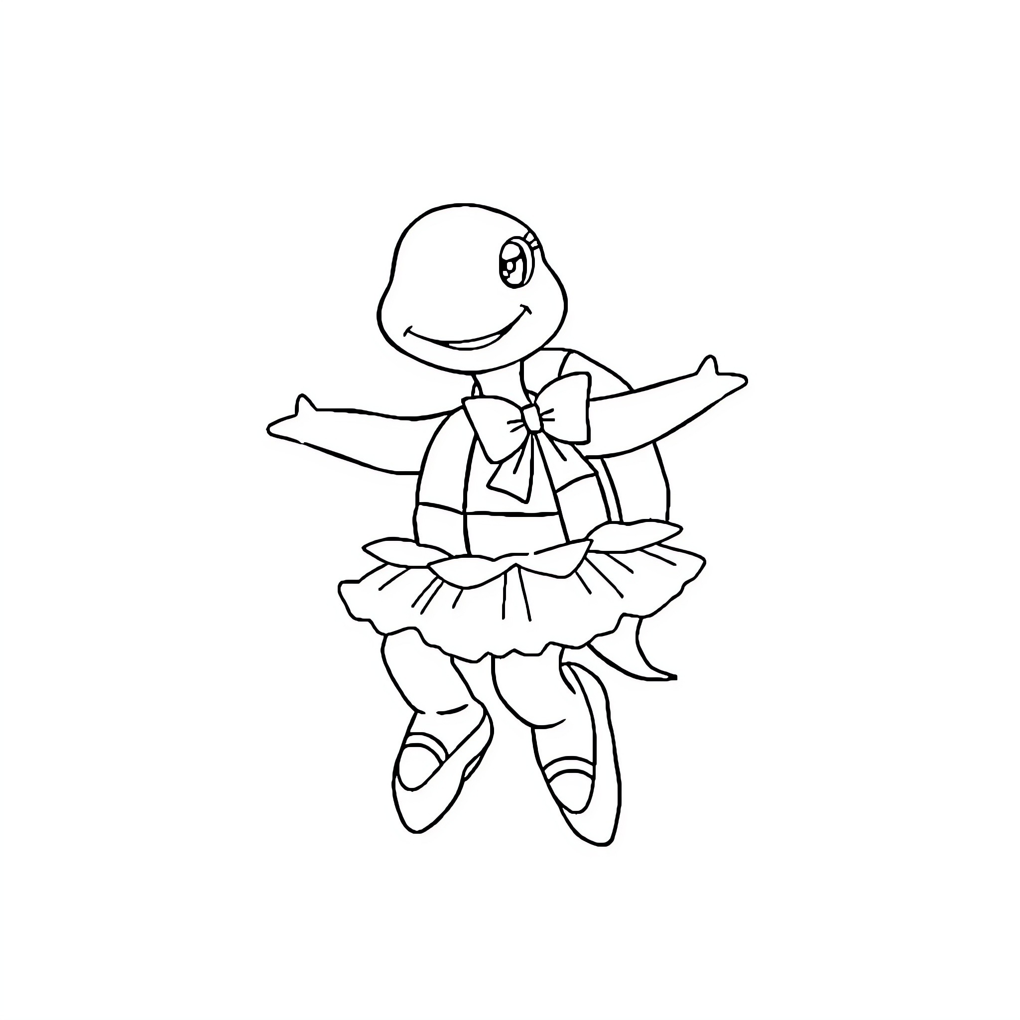 Turtle dancing in a tutu Coloring Page (free black-and-white line drawing printable PDF for all, from beginners to advanced learners, including children, teens, adults, and seniors)