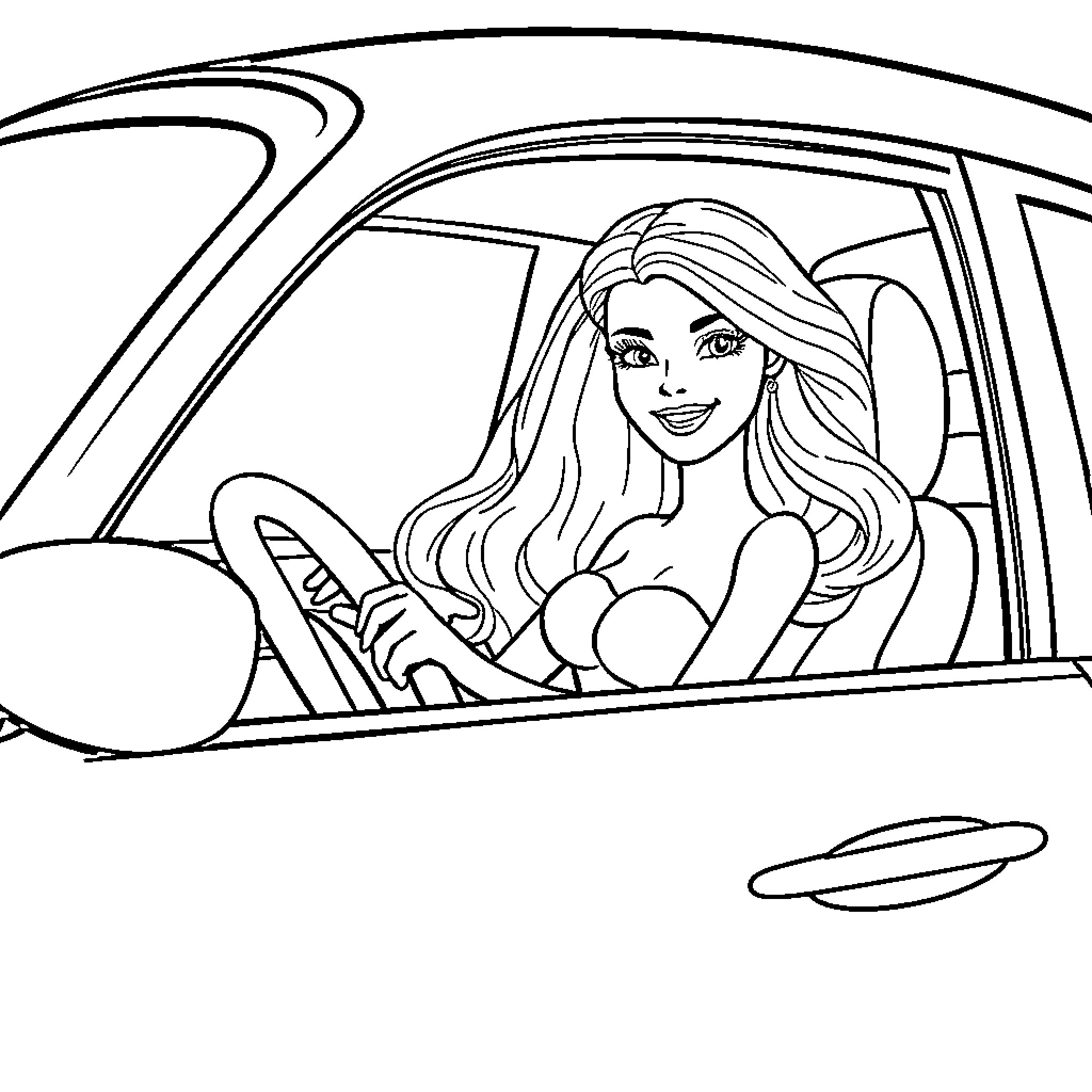 Barbie driving a car with a smile Coloring Page (free black-and-white line drawing printable PDF for all, from beginners to advanced learners, including children, teens, adults, and seniors)