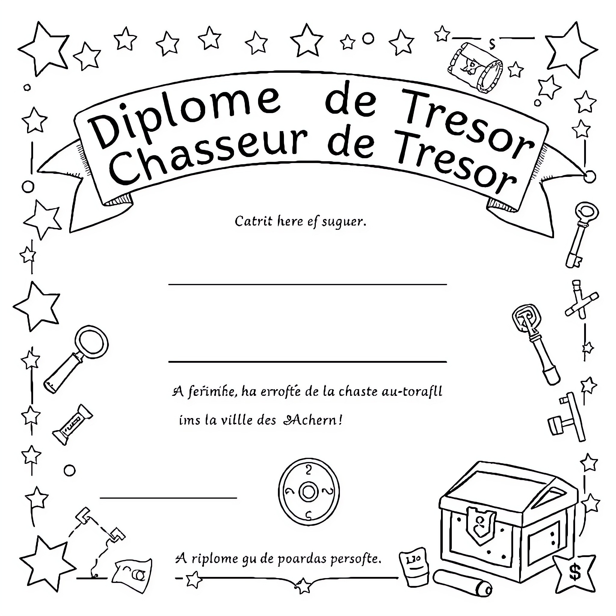 Diploma of Treasure Hunter's Achievement Coloring Page (free black-and-white line drawing printable PDF for all, from beginners to advanced learners, including children, teens, adults, and seniors)