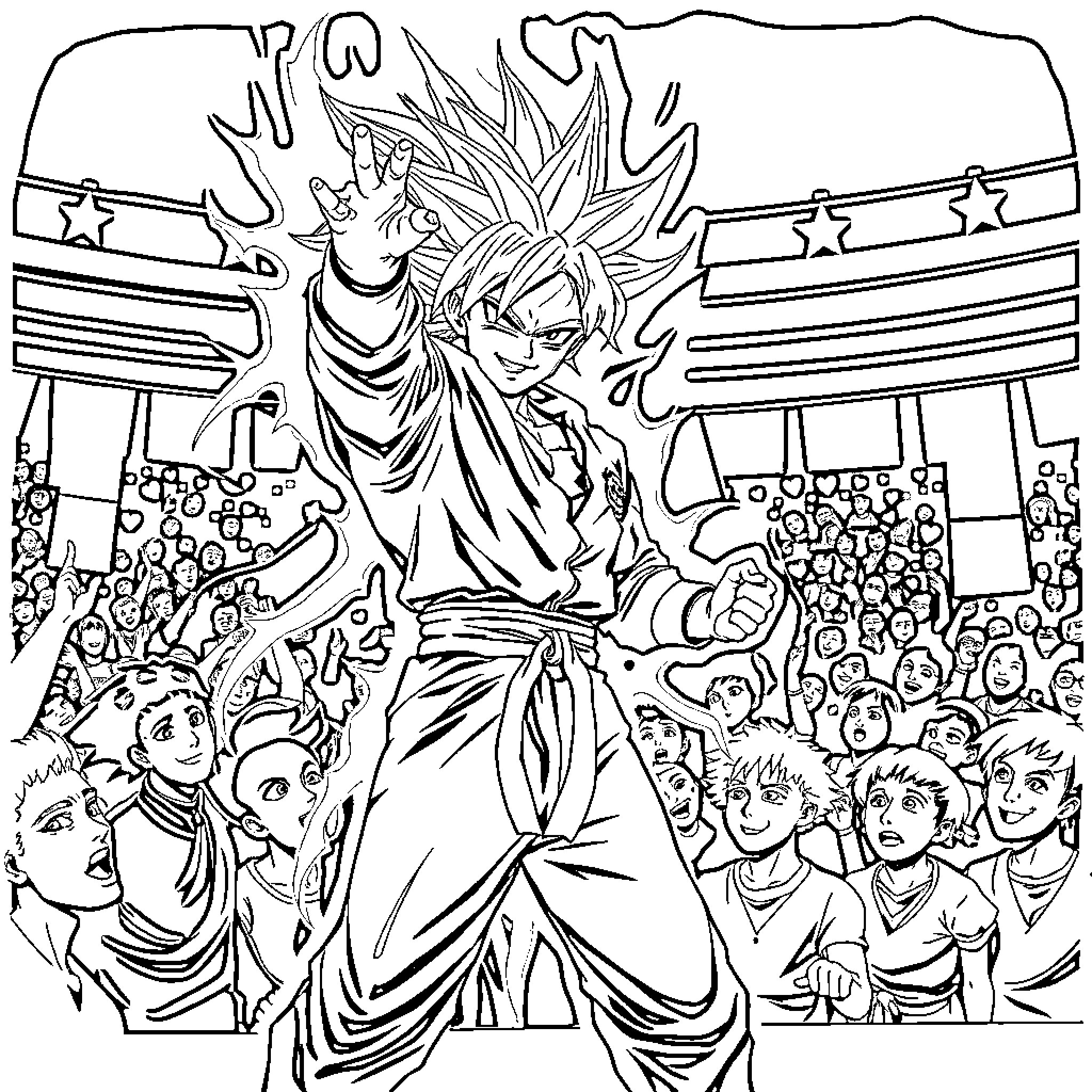 Michael Jackson Performing on Stage with Fans Coloring Page (free black-and-white line drawing printable PDF for all, from beginners to advanced learners, including children, teens, adults, and seniors)
