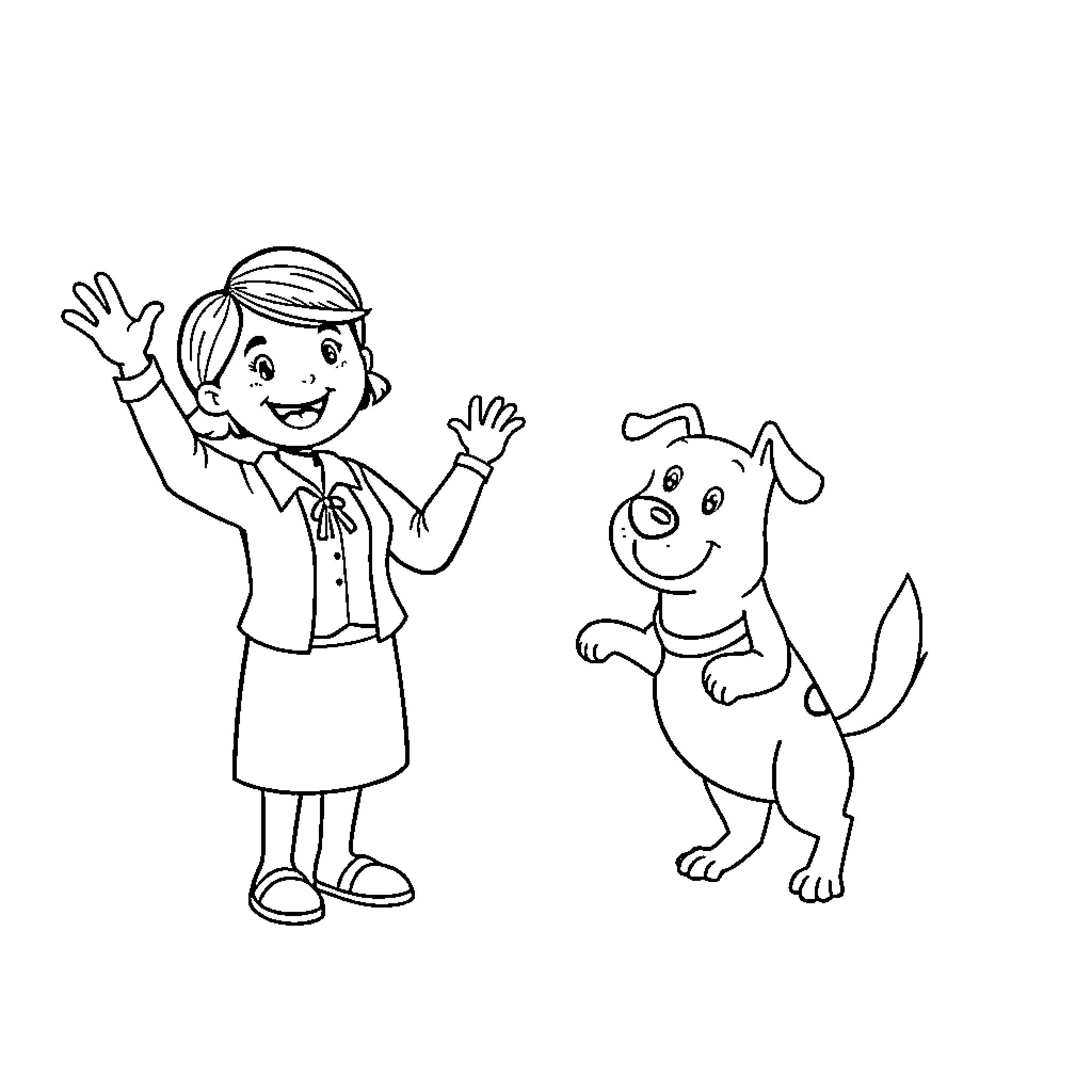 Dog and Boy Playing and Waving Happily Coloring Page (free black-and-white line drawing printable PDF for all, from beginners to advanced learners, including children, teens, adults, and seniors)