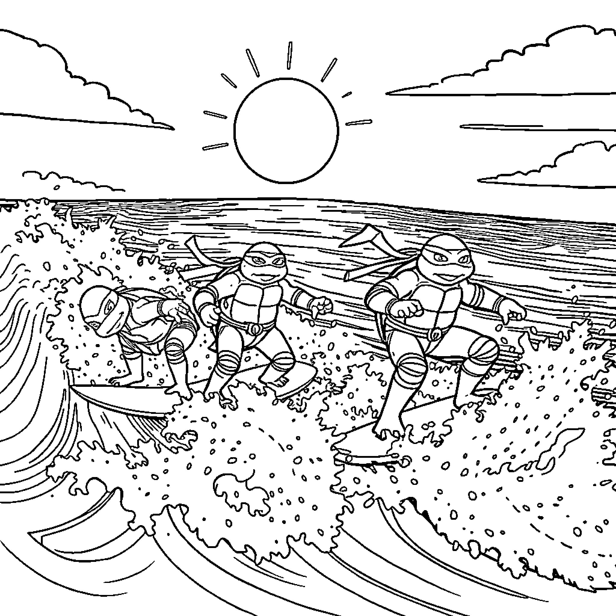 Teenage Mutant Ninja Turtles surfing and exploring on the beach Coloring Page (free black-and-white line drawing printable PDF for all, from beginners to advanced learners, including children, teens, adults, and seniors)