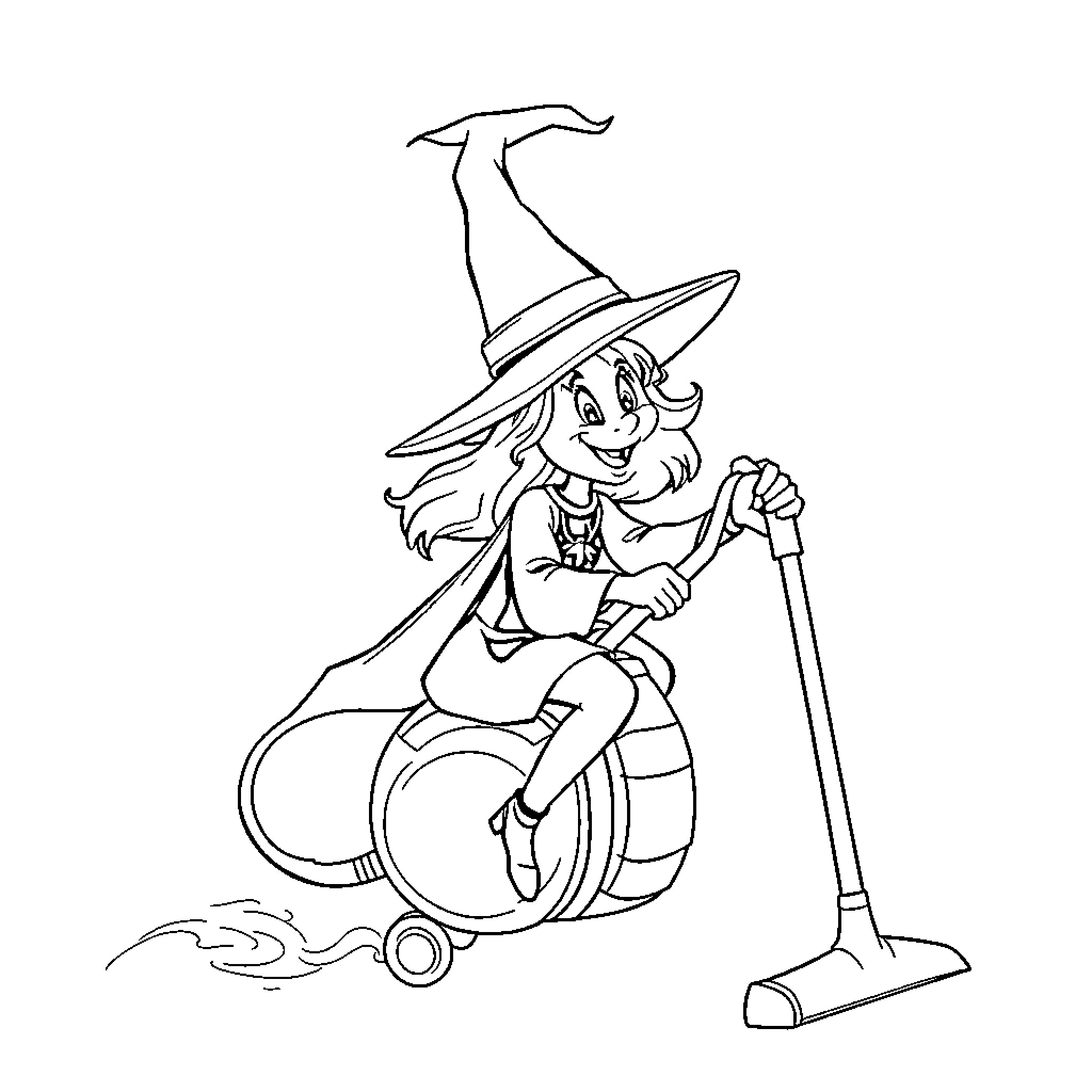 Witch riding broomstick and using vacuum cleaner Coloring Page (free black-and-white line drawing printable PDF for all, from beginners to advanced learners, including children, teens, adults, and seniors)