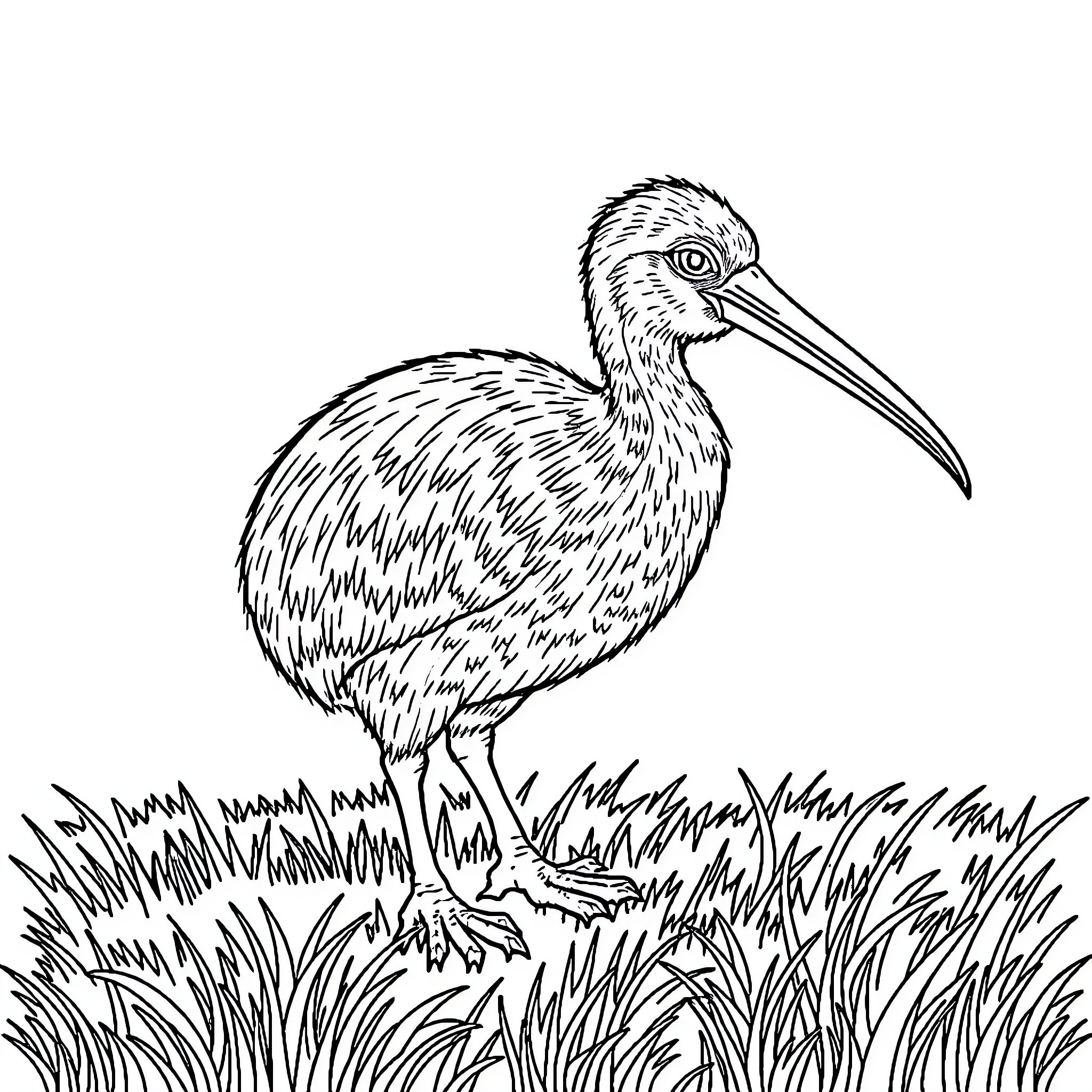 Kiwi bird standing in tall grass Coloring Page (free black-and-white line drawing printable PDF for all, from beginners to advanced learners, including children, teens, adults, and seniors)