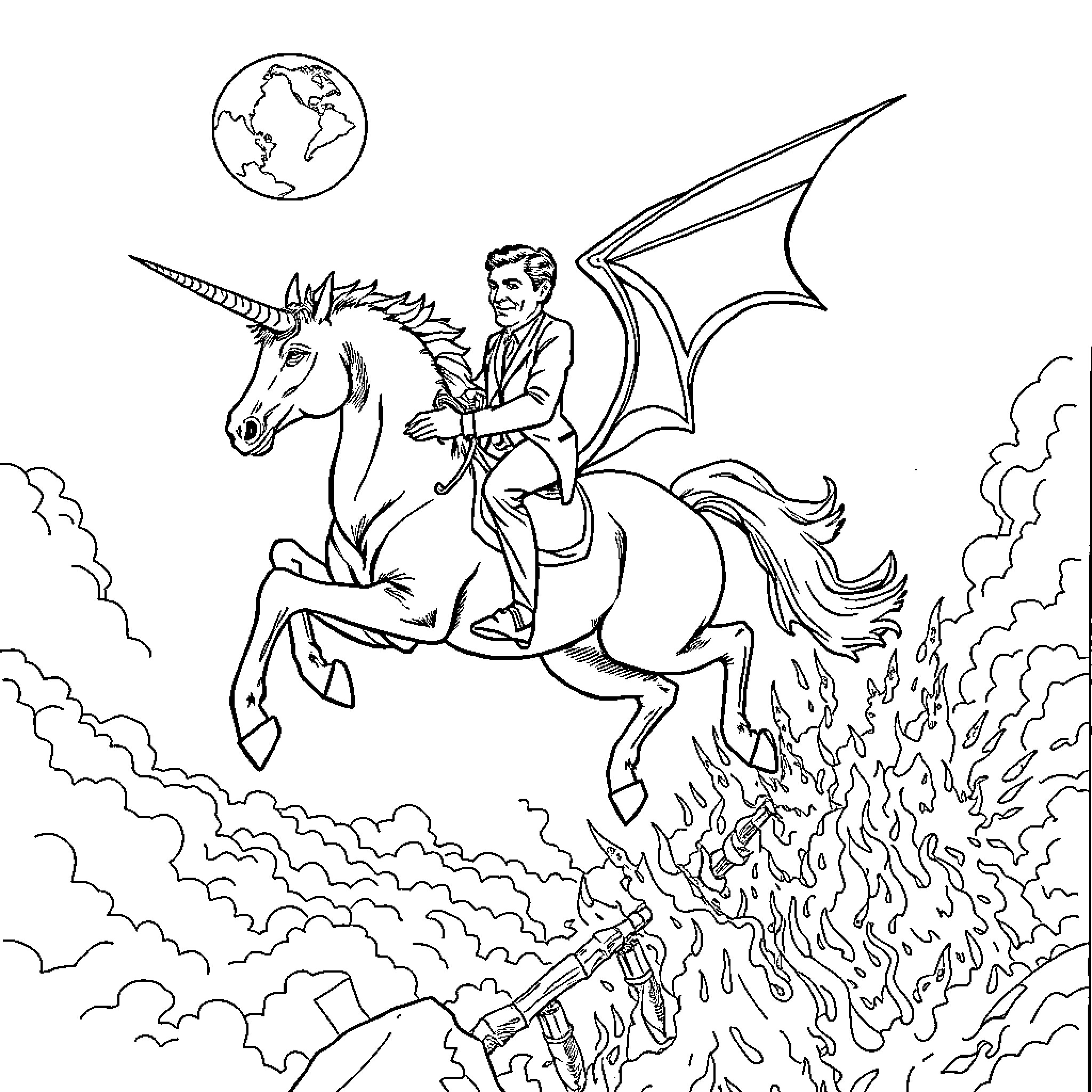 Nicolas Sarkozy riding a mythical unicorn in the sky Coloring Page (free black-and-white line drawing printable PDF for all, from beginners to advanced learners, including children, teens, adults, and seniors)