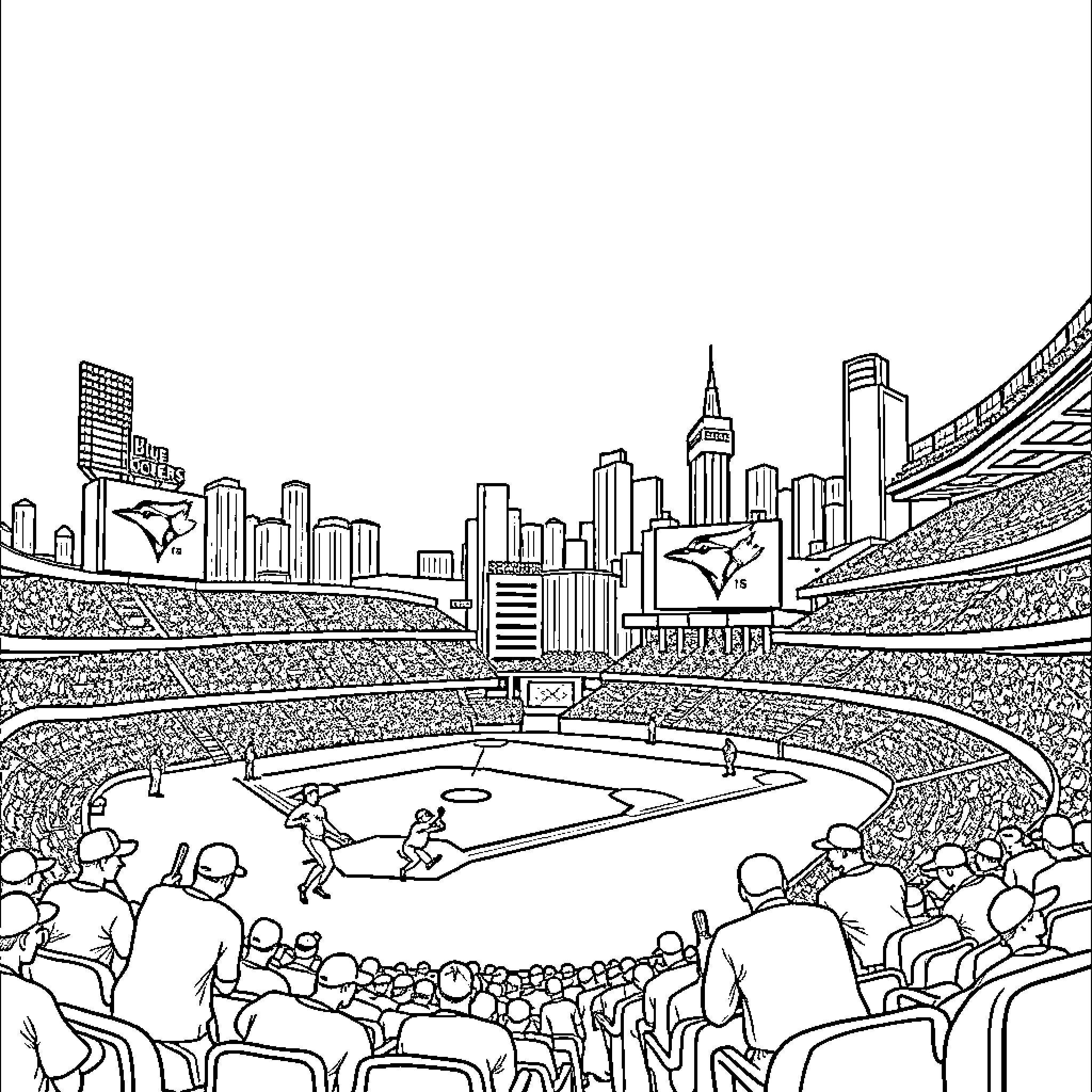 Toronto Blue Jays Baseball Stadium with Cityscape Coloring Page (free black-and-white line drawing printable PDF for all, from beginners to advanced learners, including children, teens, adults, and seniors)