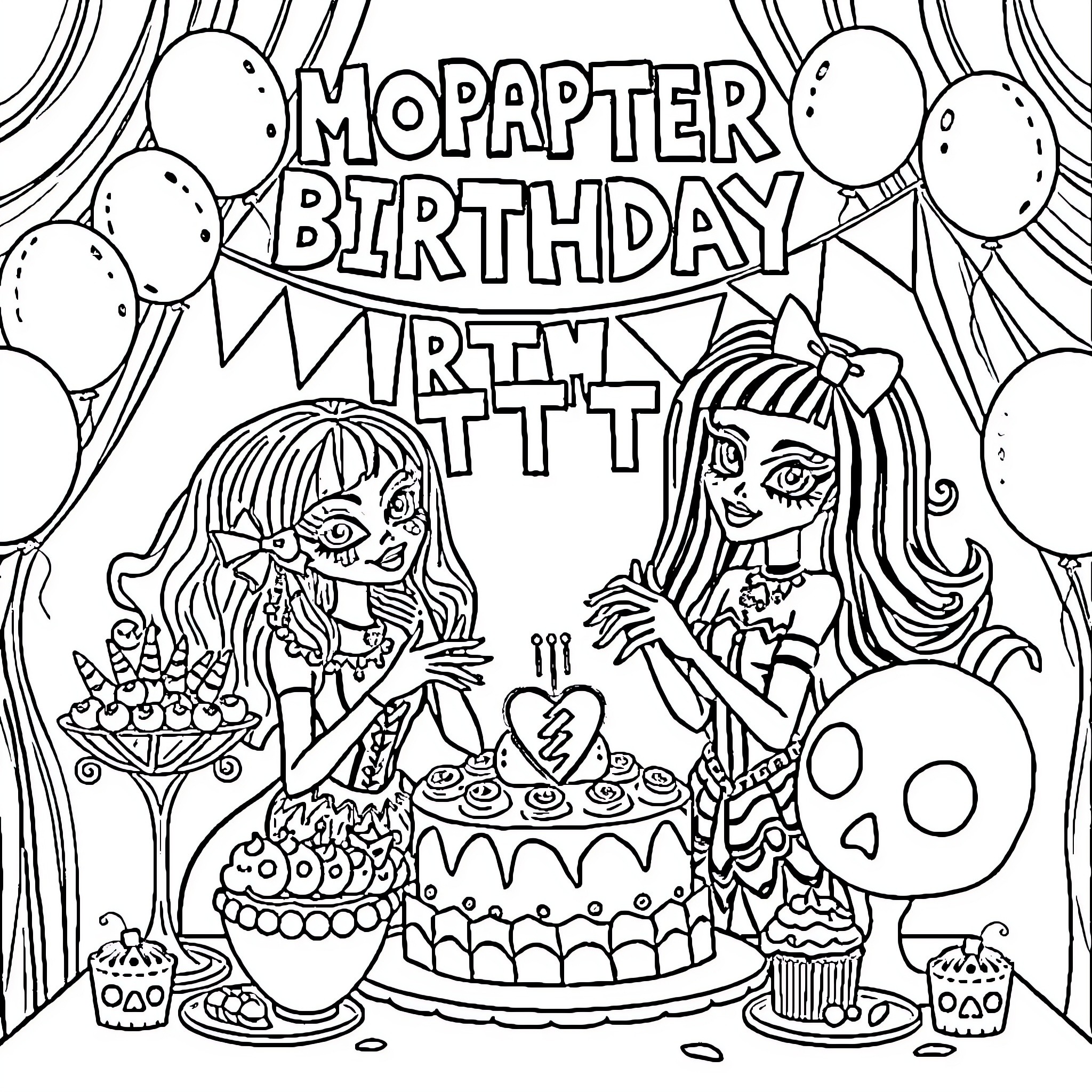 Monster-themed Birthday Party with Festive Decorations Coloring Page (free black-and-white line drawing printable PDF for all, from beginners to advanced learners, including children, teens, adults, and seniors)