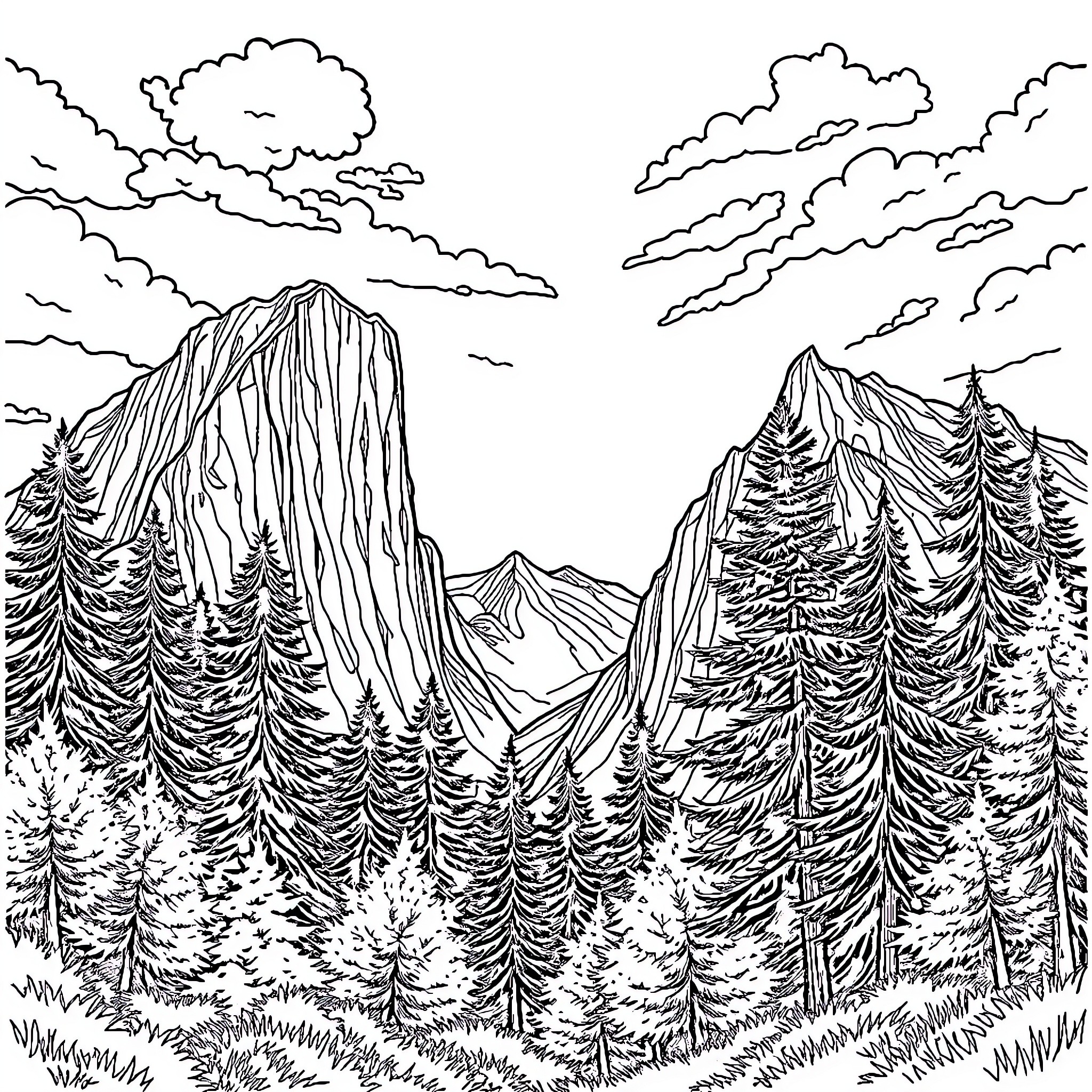 Landscape with Majestic Mountains and Forested Scenery Coloring Page (free black-and-white line drawing printable PDF for all, from beginners to advanced learners, including children, teens, adults, and seniors)