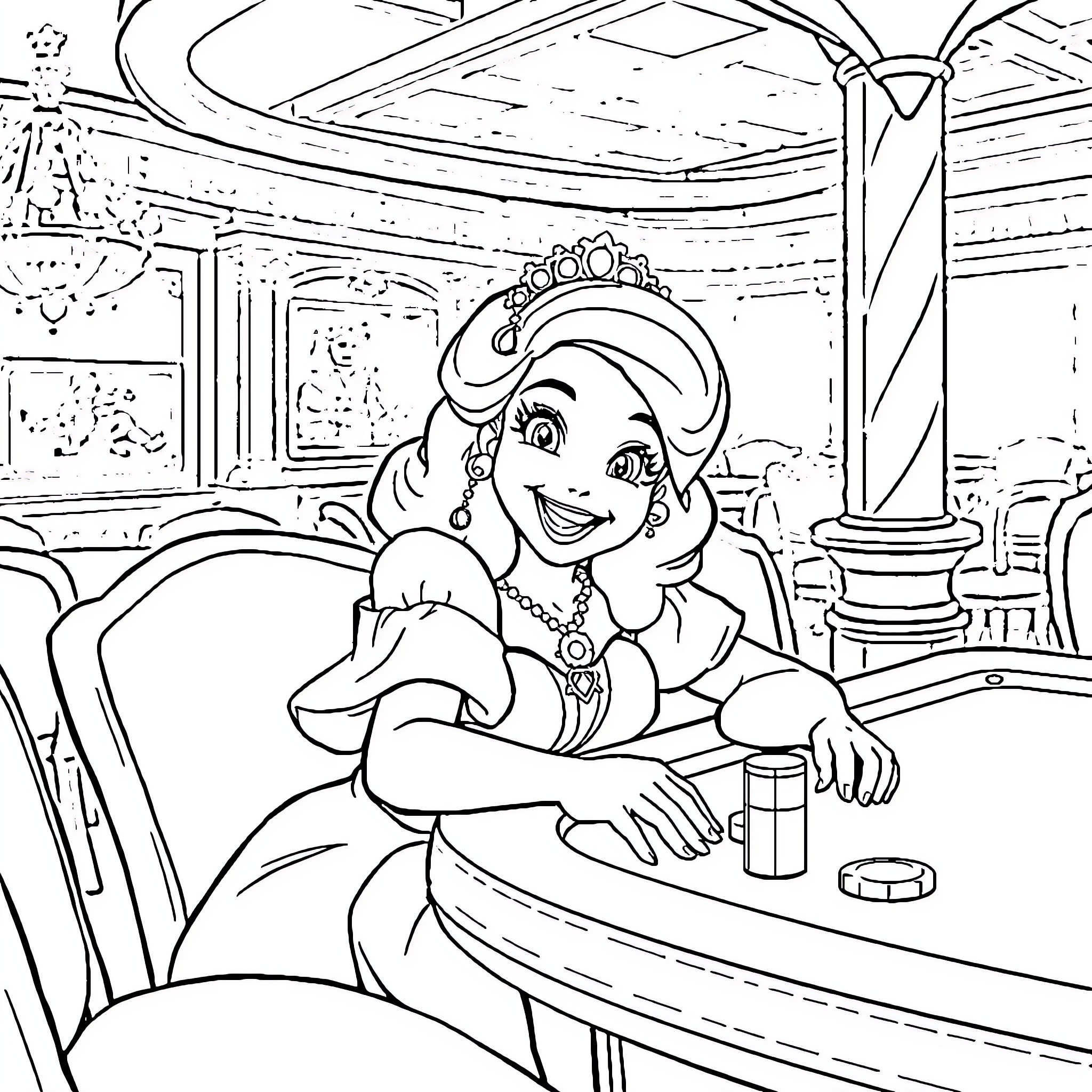Snow White relaxing in a royal interior Coloring Page (free black-and-white line drawing printable PDF for all, from beginners to advanced learners, including children, teens, adults, and seniors)