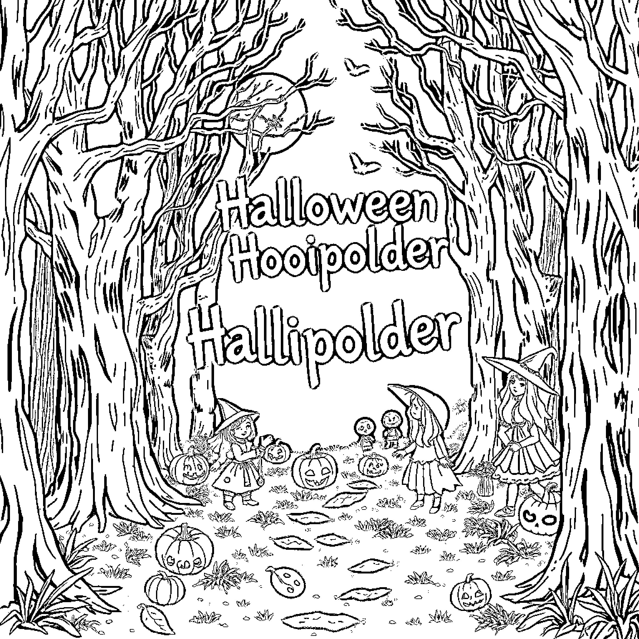 Fairytale Character Celebrating Halloween in Forest Coloring Page (free black-and-white line drawing printable PDF for all, from beginners to advanced learners, including children, teens, adults, and seniors)