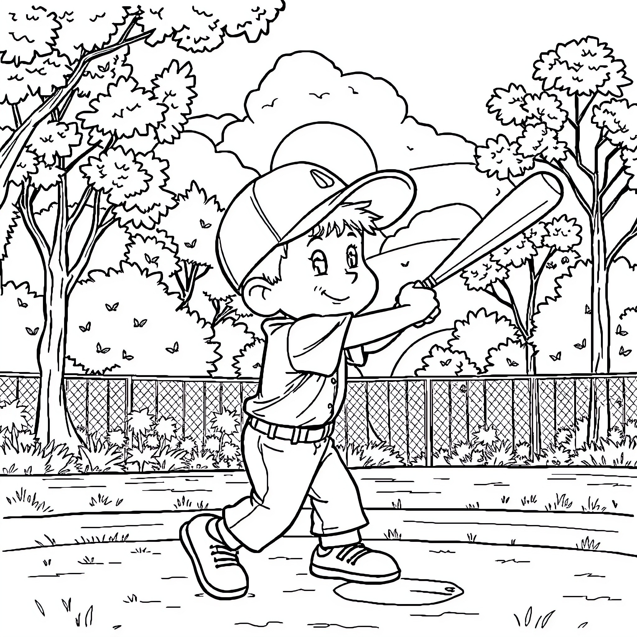 Jack playing baseball in the park Coloring Page (free black-and-white line drawing printable PDF for all, from beginners to advanced learners, including children, teens, adults, and seniors)