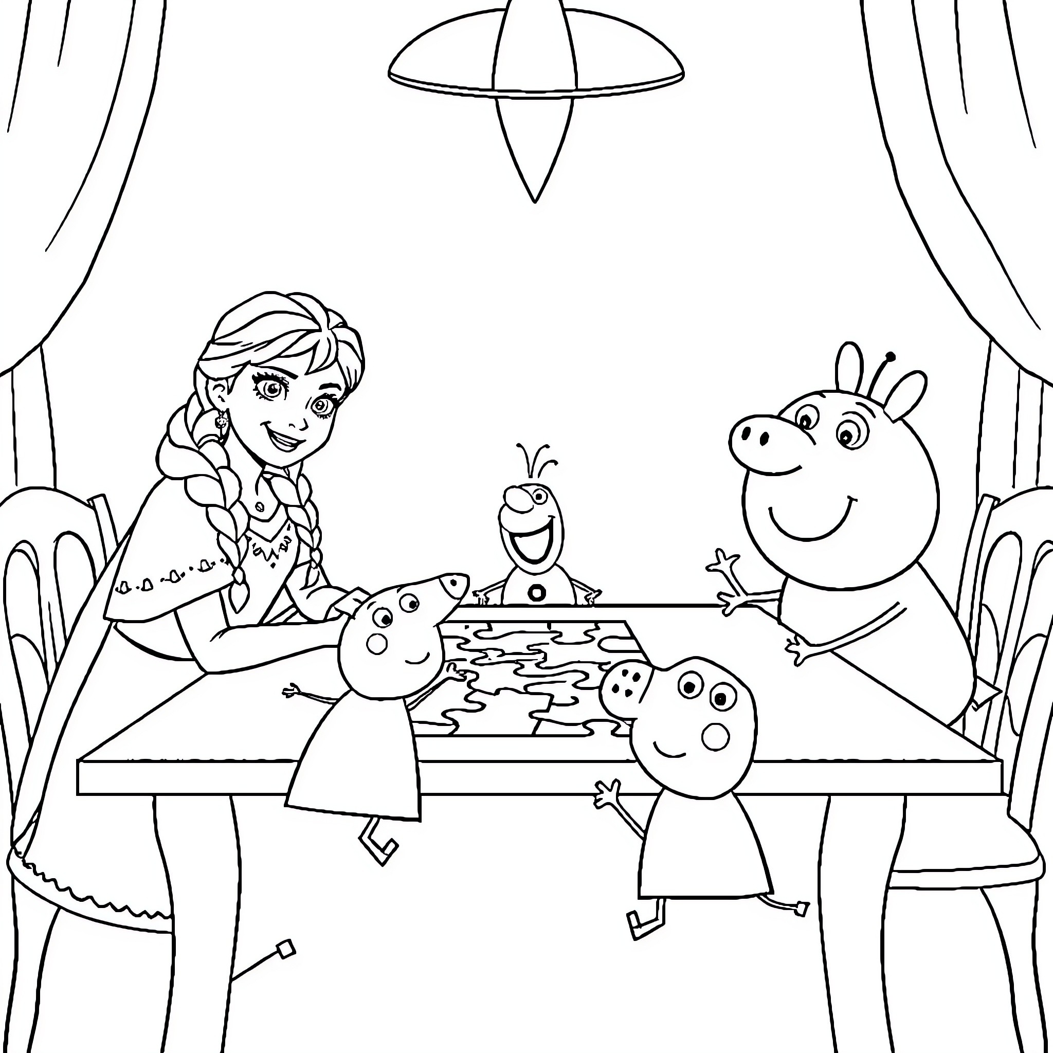 Anna's Picnic Party with Cartoon Friends Coloring Page (free black-and-white line drawing printable PDF for all, from beginners to advanced learners, including children, teens, adults, and seniors)
