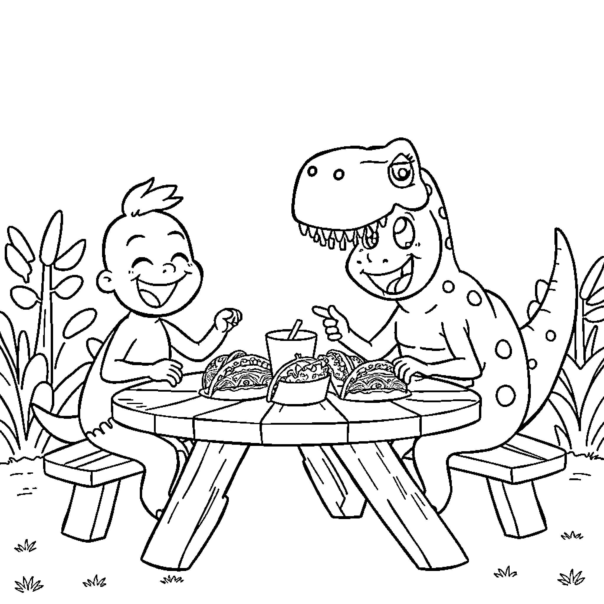 T-Rex and child enjoying a picnic together Coloring Page (free black-and-white line drawing printable PDF for all, from beginners to advanced learners, including children, teens, adults, and seniors)