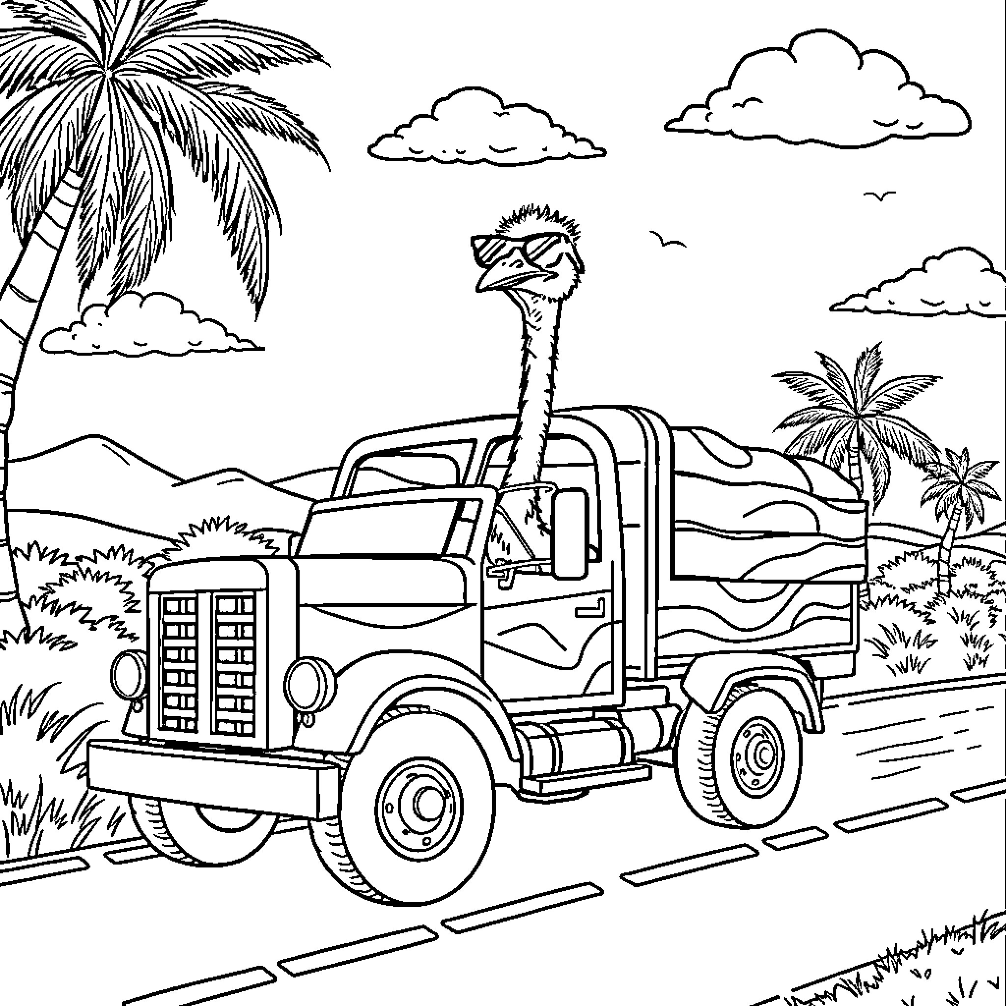 Ostrich driving on a tropical road Coloring Page (free black-and-white line drawing printable PDF for all, from beginners to advanced learners, including children, teens, adults, and seniors)