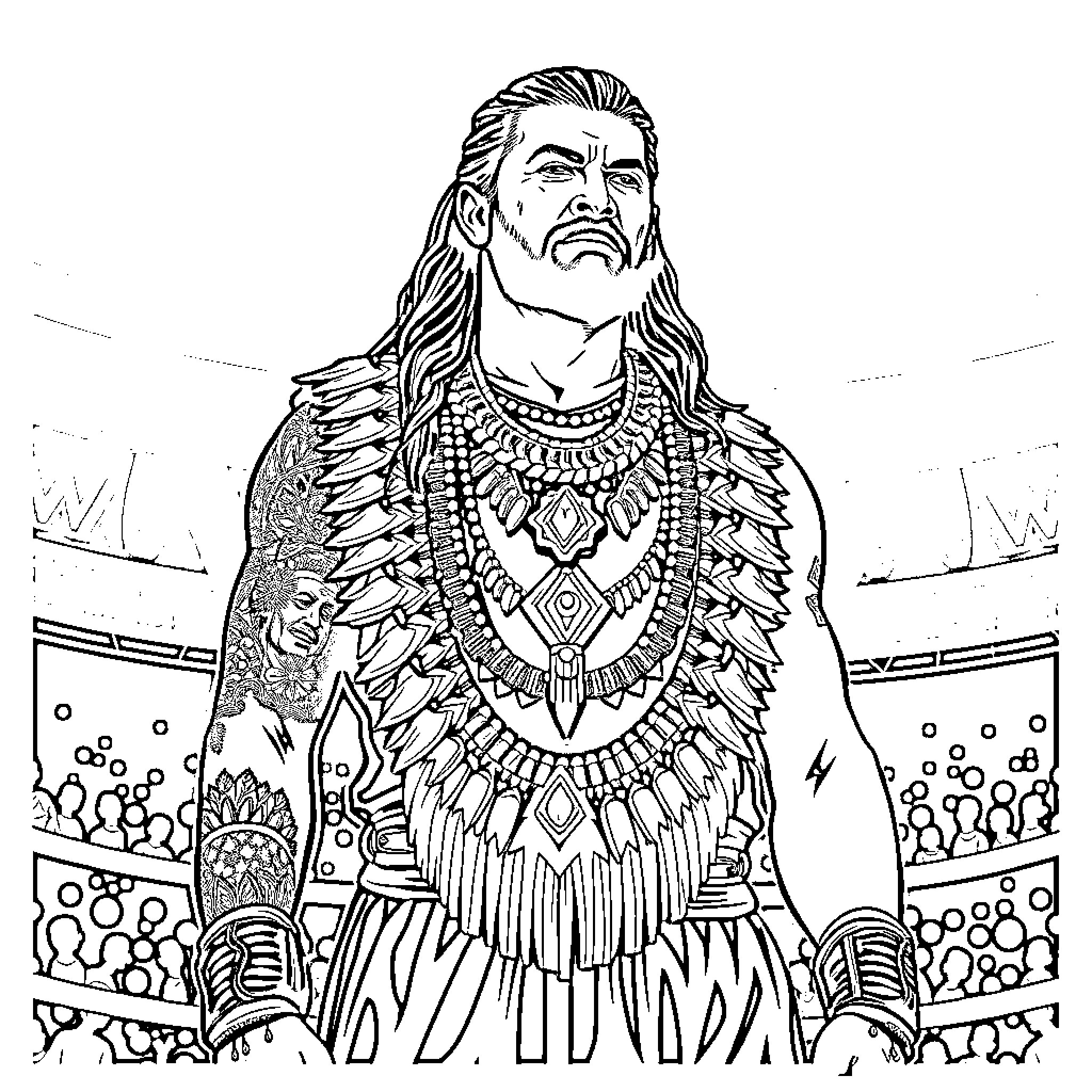 Roman Reigns Stands Proudly in Intricate Wrestling Gear Coloring Page (free black-and-white line drawing printable PDF for all, from beginners to advanced learners, including children, teens, adults, and seniors)
