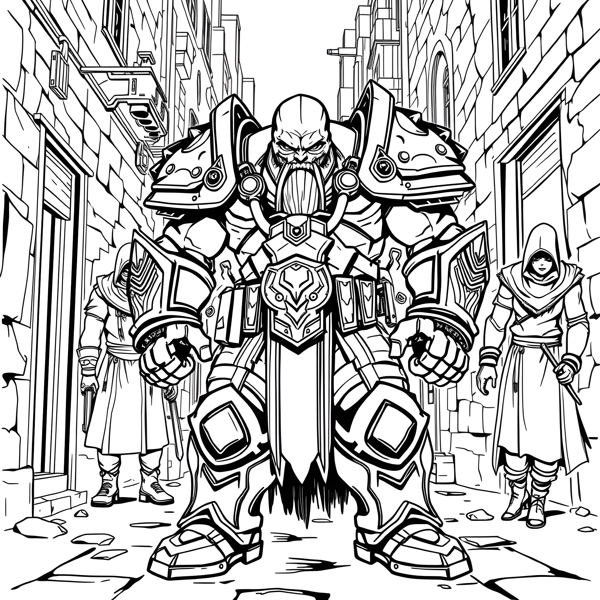Garrosh's Powerful Armored Presence in the City Streets Coloring Page (free black-and-white line drawing printable PDF for all, from beginners to advanced learners, including children, teens, adults, and seniors)