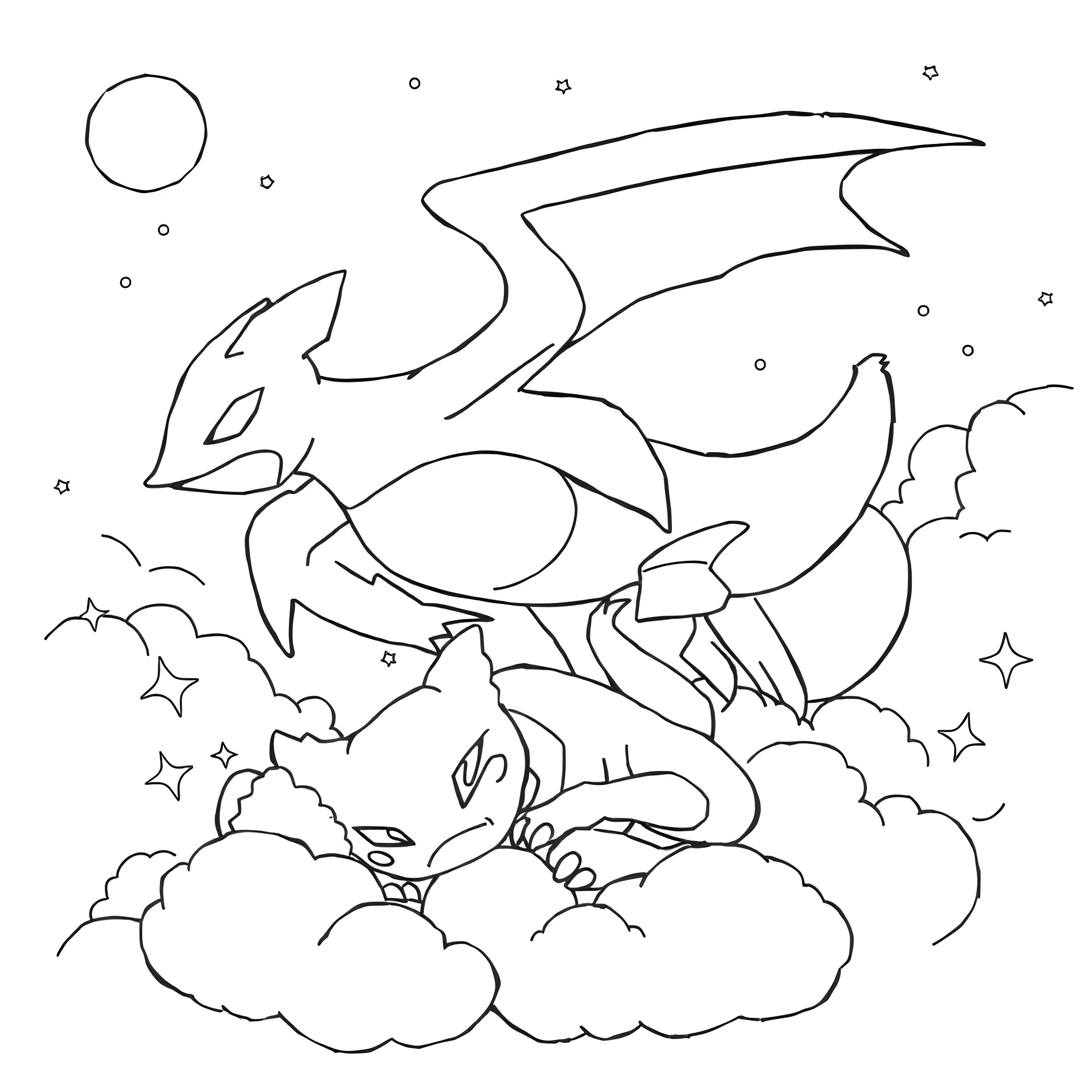 Garchomp soaring through the clouds amidst stars Coloring Page (free black-and-white line drawing printable PDF for all, from beginners to advanced learners, including children, teens, adults, and seniors)