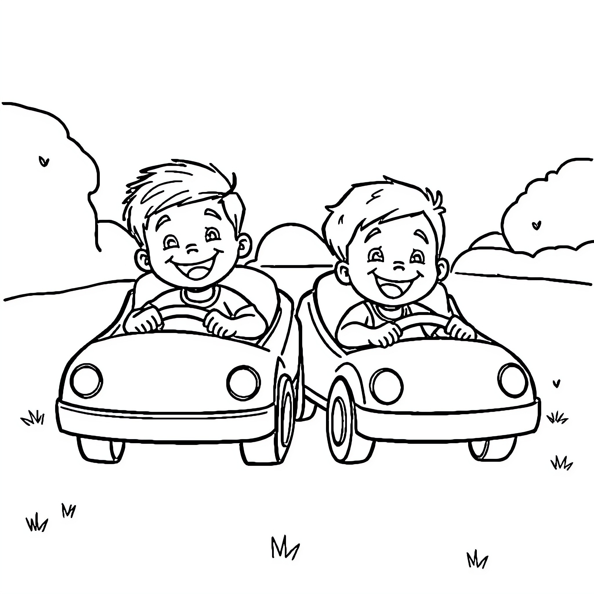 Car Bed Ride with Smiling Children Coloring Page (free black-and-white line drawing printable PDF for all, from beginners to advanced learners, including children, teens, adults, and seniors)