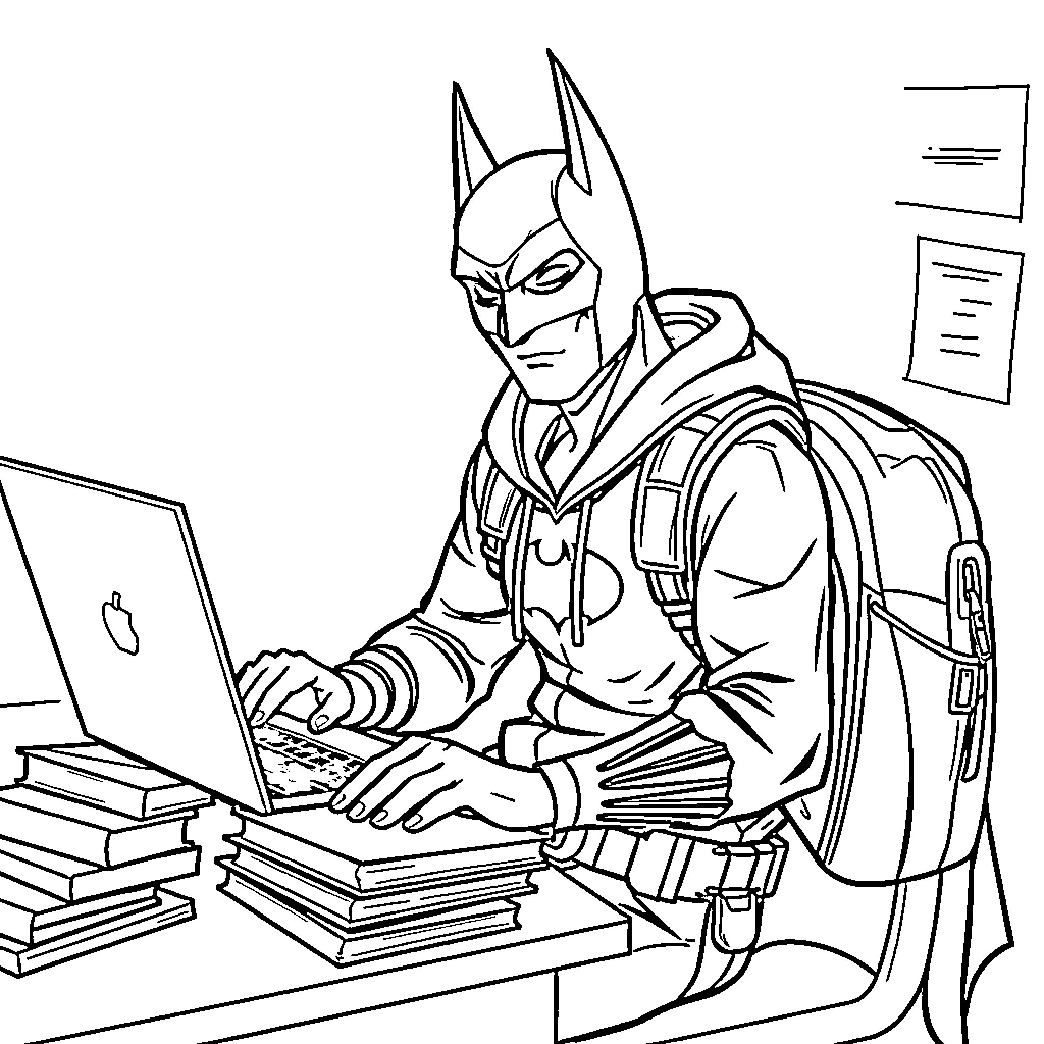 Batman working diligently on a computer Coloring Page (free black-and-white line drawing printable PDF for all, from beginners to advanced learners, including children, teens, adults, and seniors)