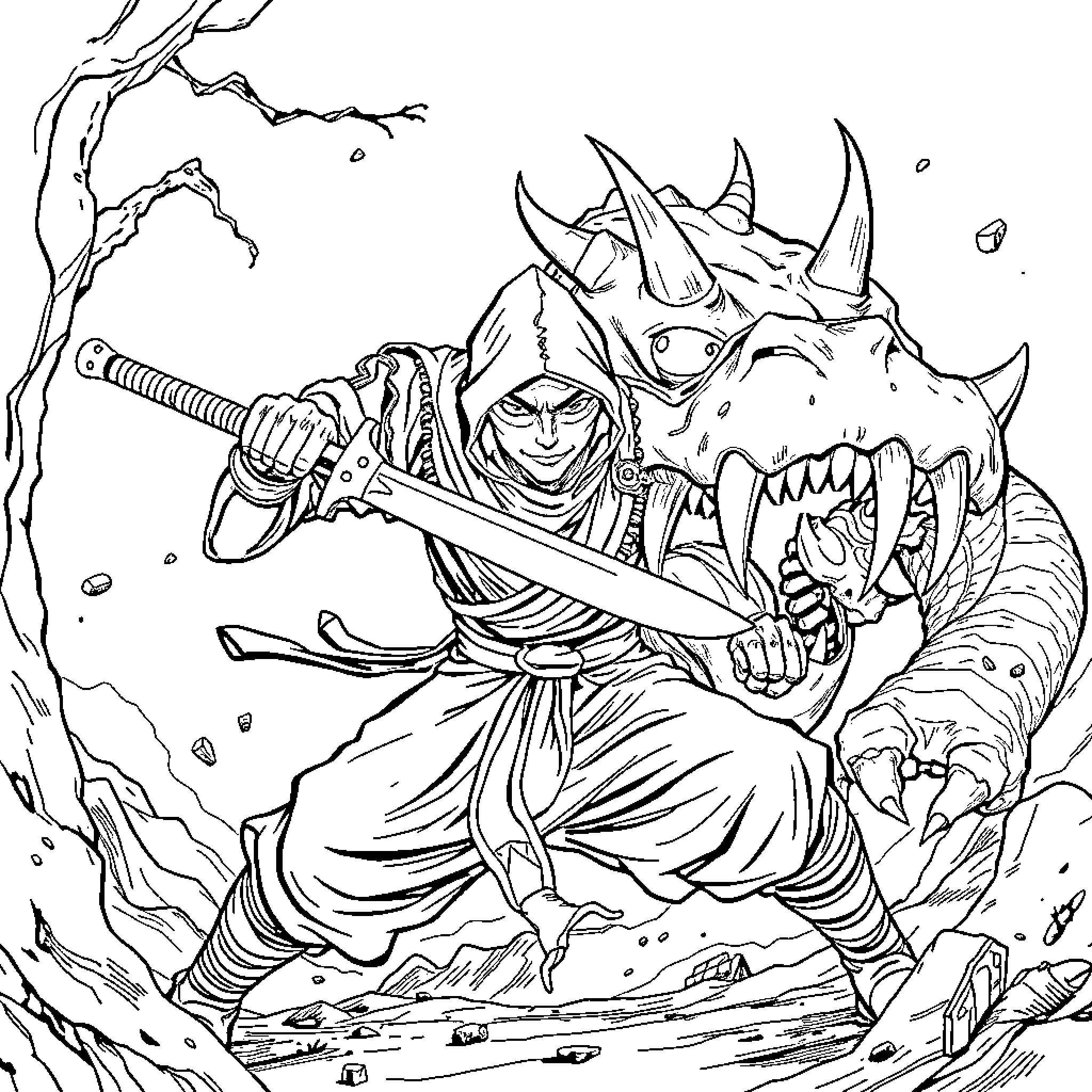 Ninja Warrior Battles Fearsome Beast Coloring Page (free black-and-white line drawing printable PDF for all, from beginners to advanced learners, including children, teens, adults, and seniors)