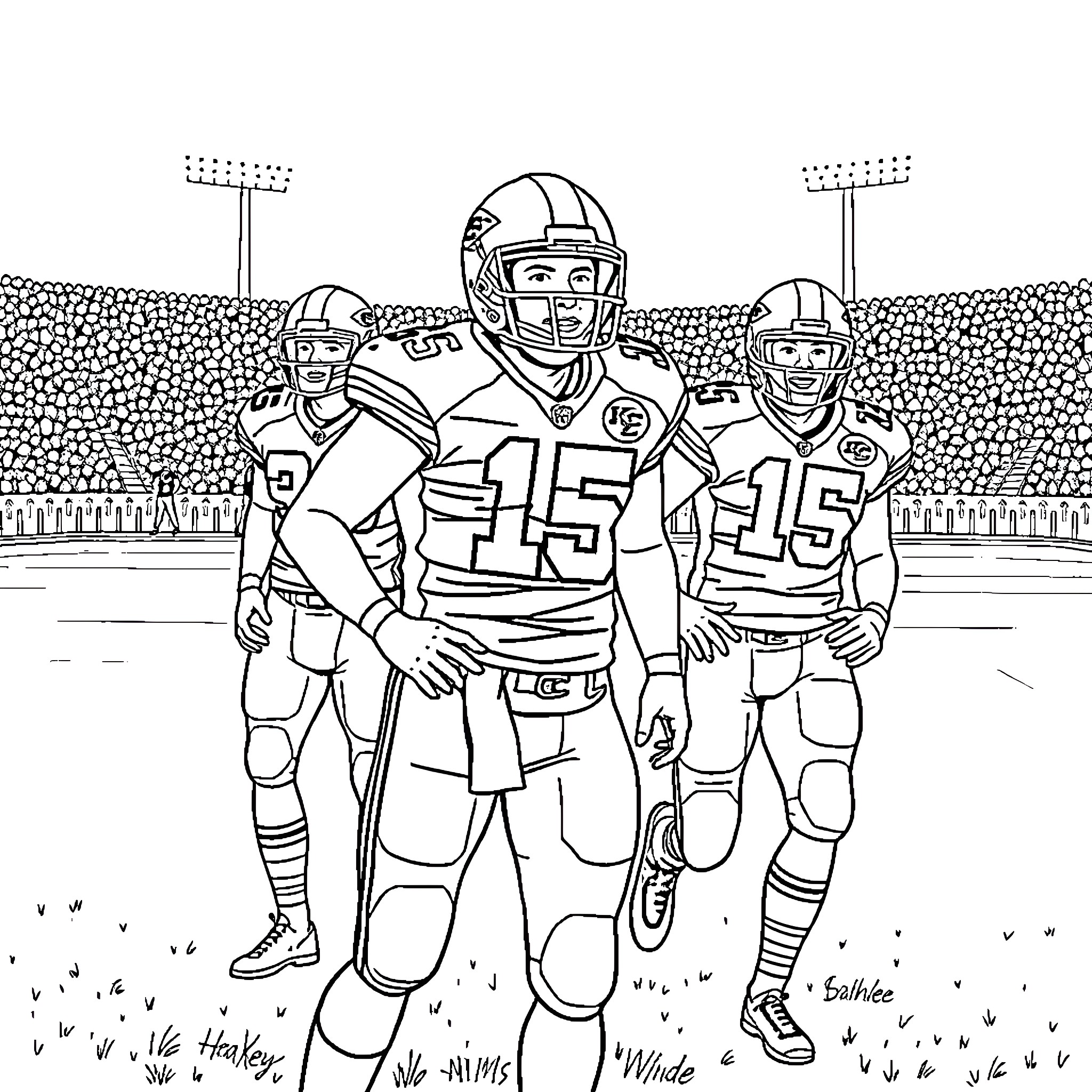 Chiefs Football Players Competing on the Field Coloring Page (free black-and-white line drawing printable PDF for all, from beginners to advanced learners, including children, teens, adults, and seniors)