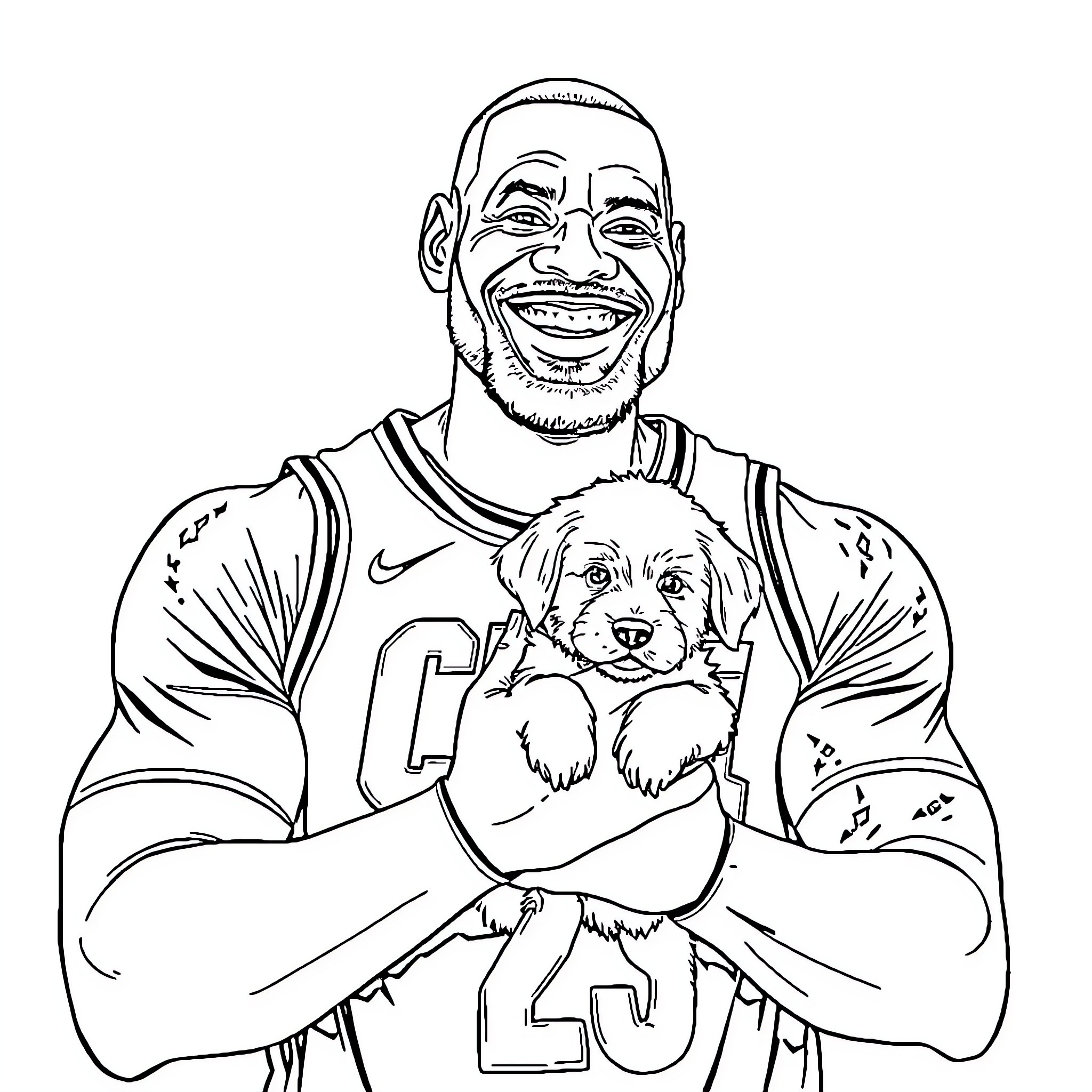 LeBron James holding a puppy happily Coloring Page (free black-and-white line drawing printable PDF for all, from beginners to advanced learners, including children, teens, adults, and seniors)