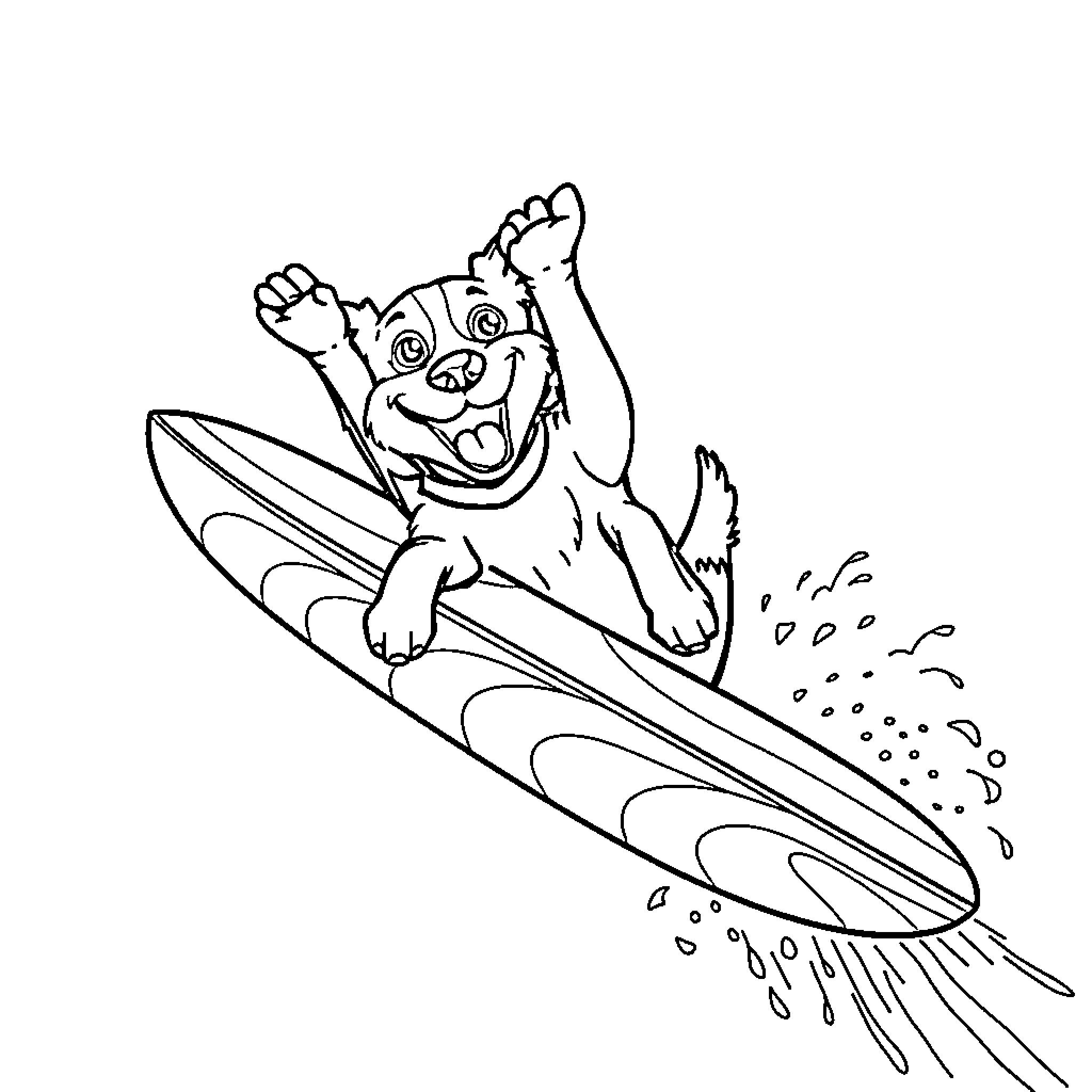 Dog surfing excitedly on a wave Coloring Page (free black-and-white line drawing printable PDF for all, from beginners to advanced learners, including children, teens, adults, and seniors)