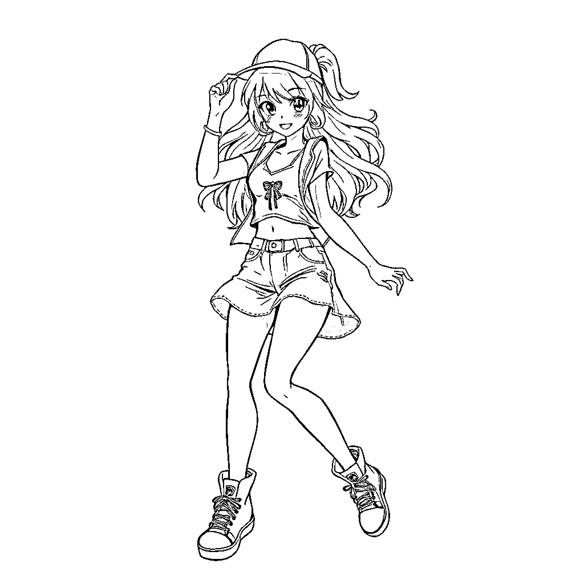 Anime Girl in Casual Outfit with Long Hair Coloring Page (free black-and-white line drawing printable PDF for all, from beginners to advanced learners, including children, teens, adults, and seniors)