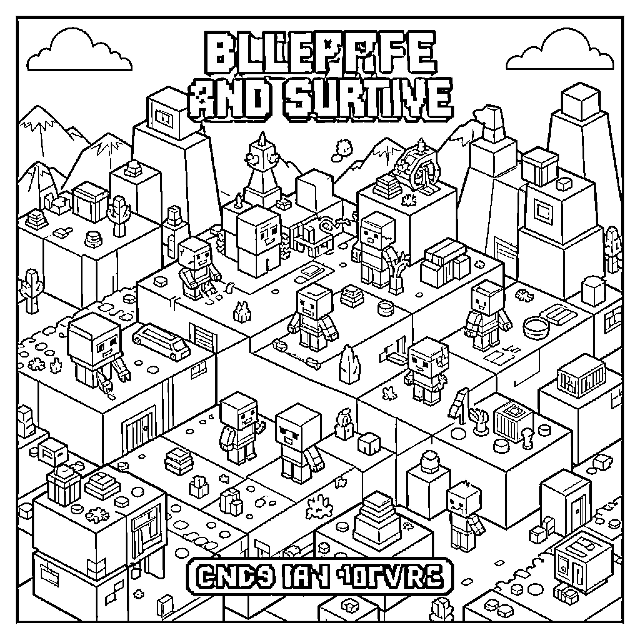 Minecraft characters exploring a blocky landscape with structures Coloring Page (free black-and-white line drawing printable PDF for all, from beginners to advanced learners, including children, teens, adults, and seniors)