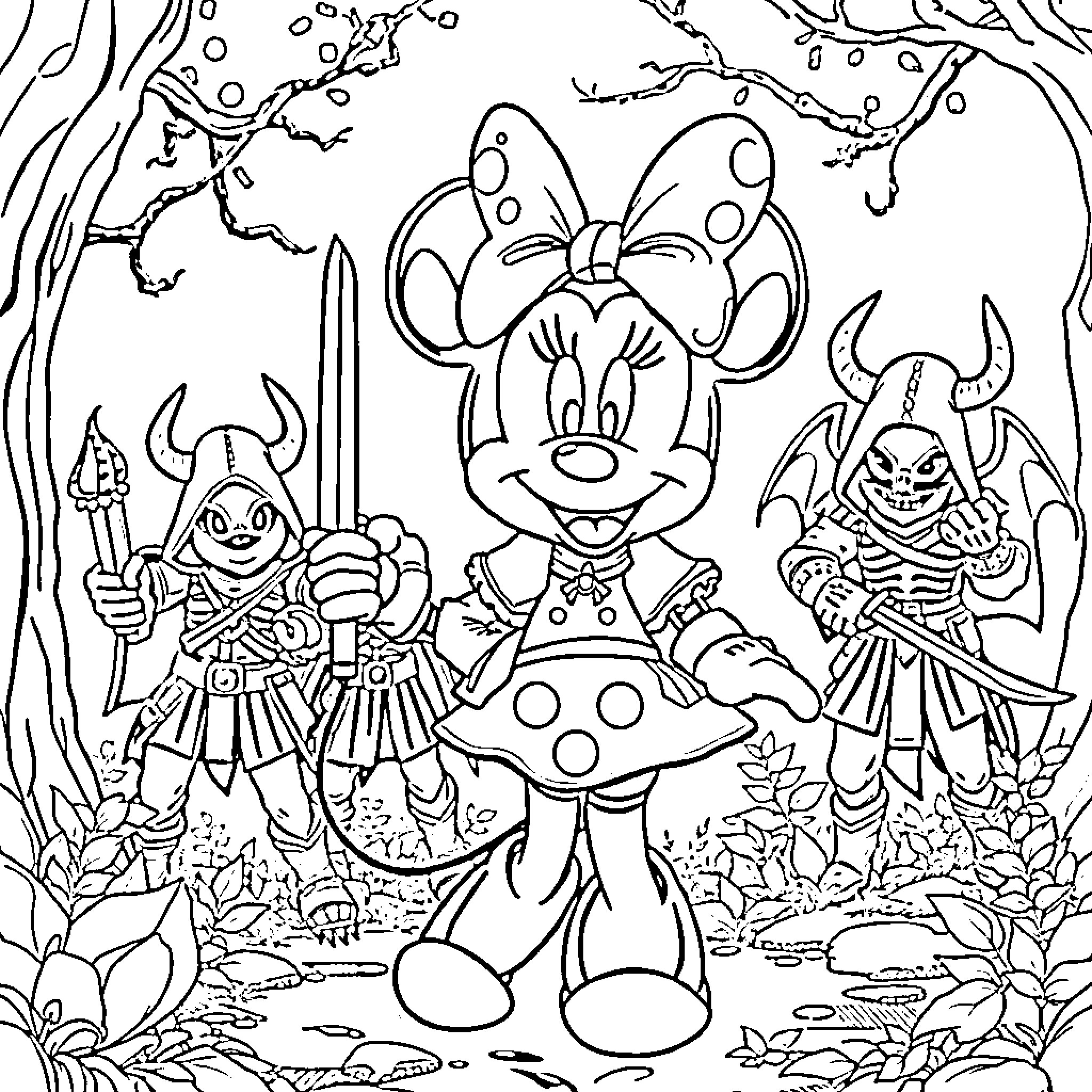 Minnie Mouse in a fantastical forest setting Coloring Page (free black-and-white line drawing printable PDF for all, from beginners to advanced learners, including children, teens, adults, and seniors)