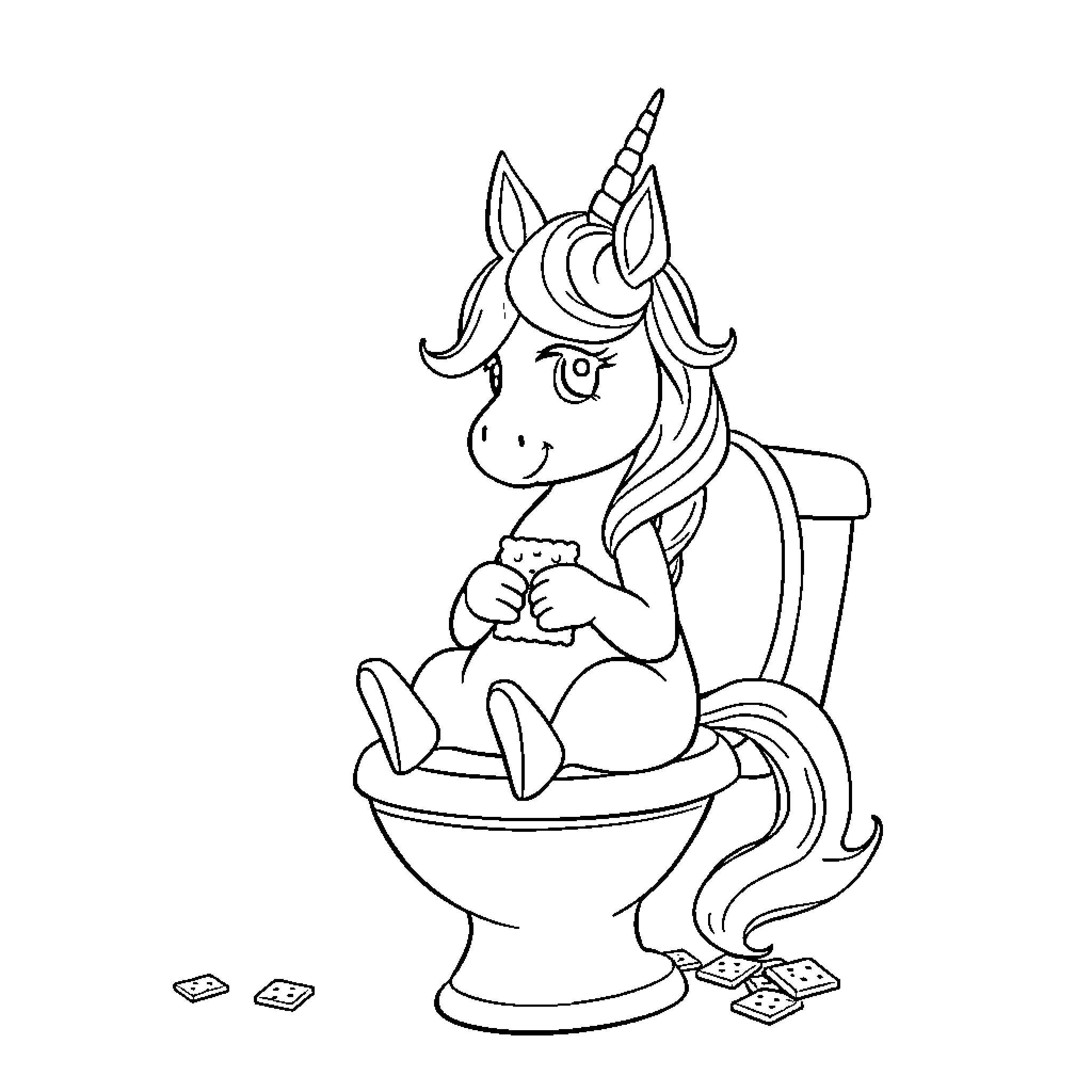Unicorn Relaxing in a Magical Bathroom Coloring Page (free black-and-white line drawing printable PDF for all, from beginners to advanced learners, including children, teens, adults, and seniors)