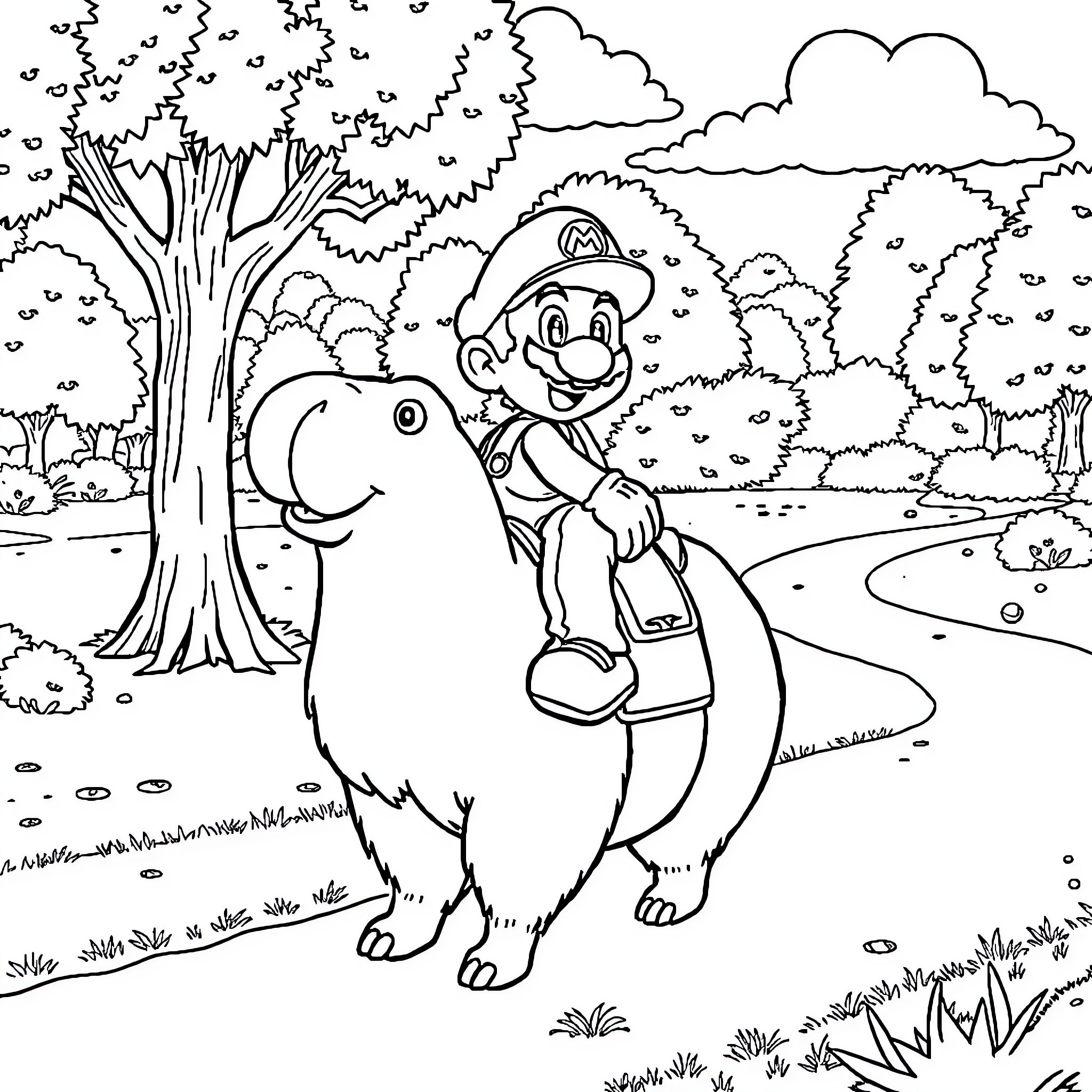 Mario's Wilderness Adventure Coloring Page (free black-and-white line drawing printable PDF for all, from beginners to advanced learners, including children, teens, adults, and seniors)
