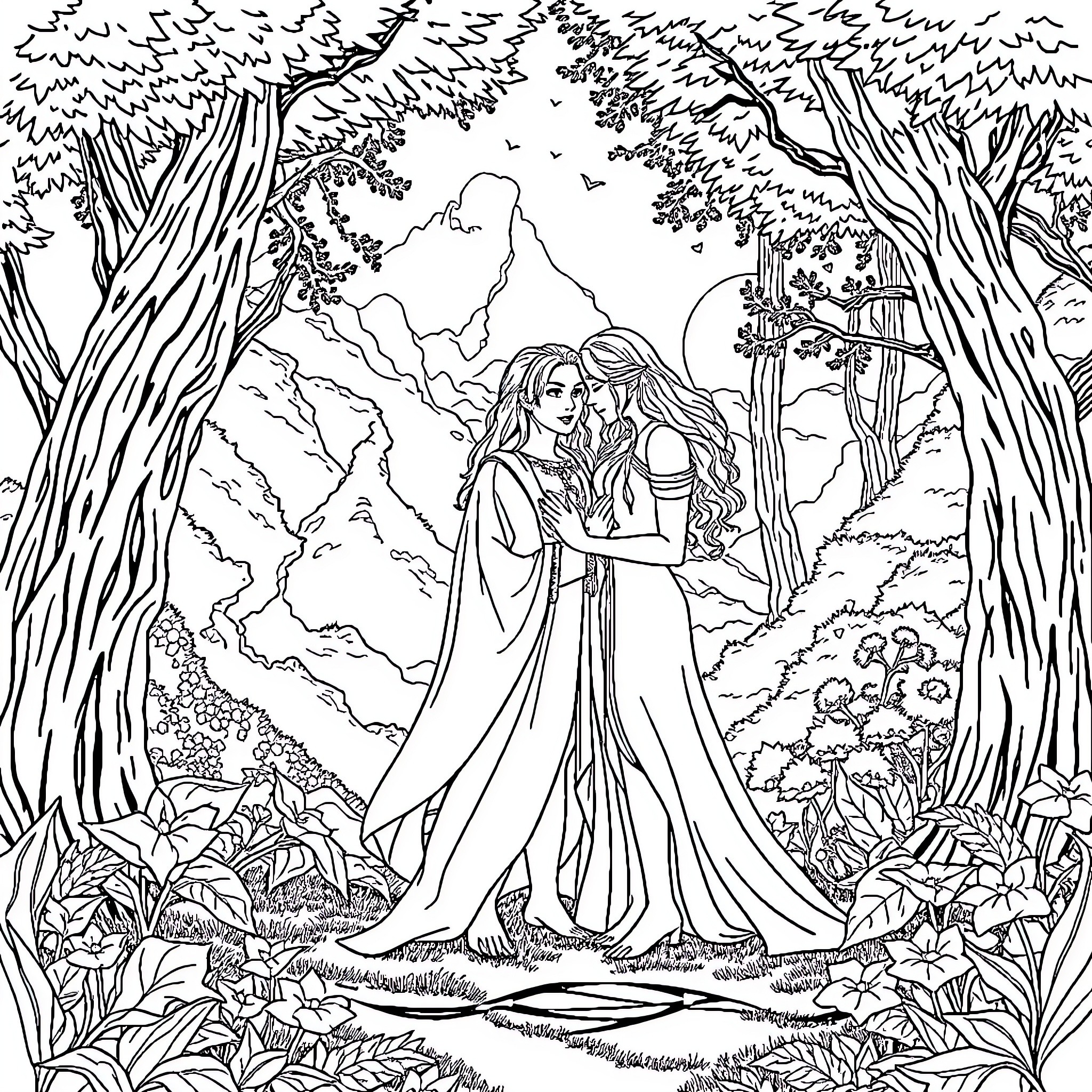 Rhys and Feyre embracing in a lush, magical forest Coloring Page (free black-and-white line drawing printable PDF for all, from beginners to advanced learners, including children, teens, adults, and seniors)