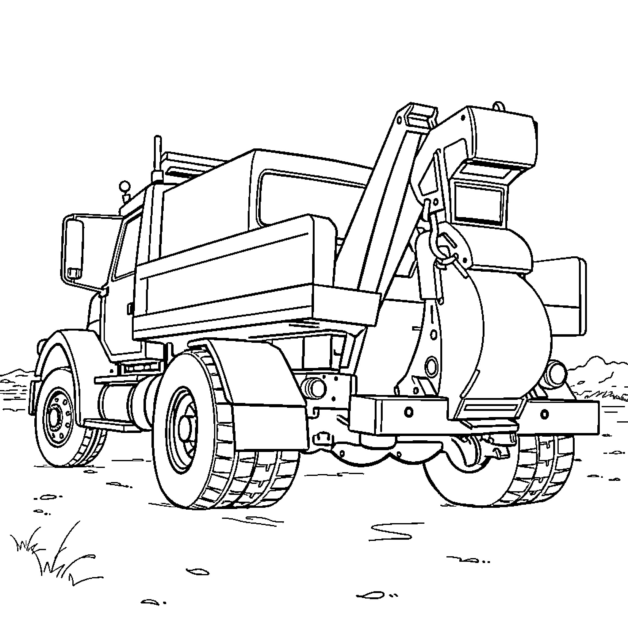 Hook Truck Carrying Cargo on Rugged Terrain Coloring Page (free black-and-white line drawing printable PDF for all, from beginners to advanced learners, including children, teens, adults, and seniors)