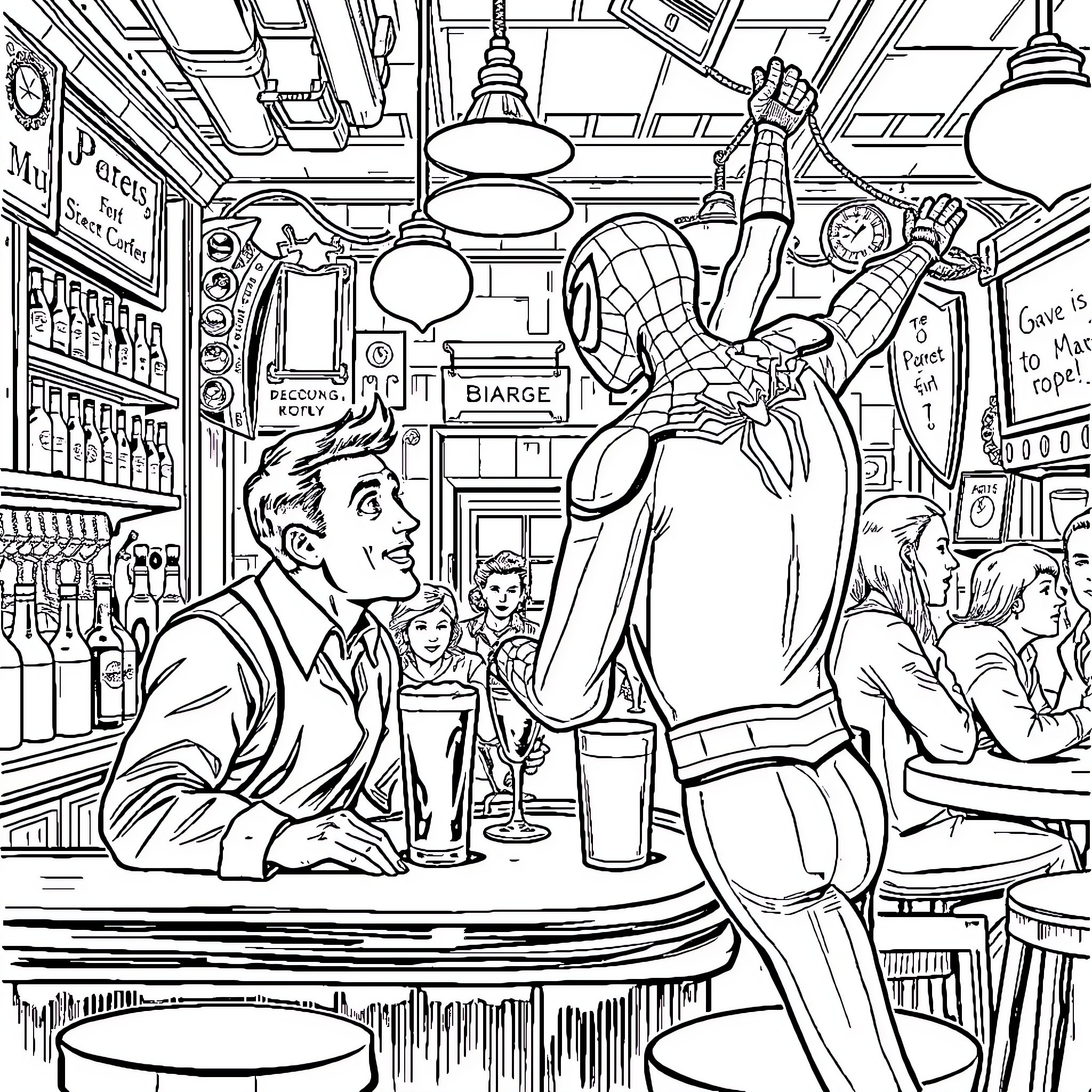 Barman assisting Spider-Man at the local pub Coloring Page (free black-and-white line drawing printable PDF for all, from beginners to advanced learners, including children, teens, adults, and seniors)