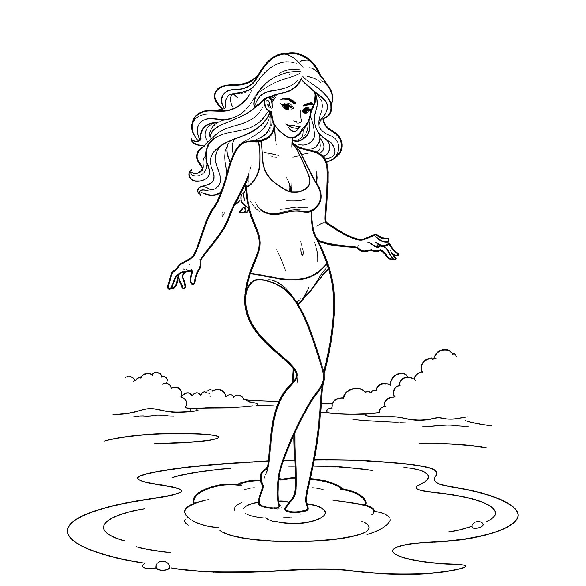 Woman standing in shallow water Coloring Page (free black-and-white line drawing printable PDF for all, from beginners to advanced learners, including children, teens, adults, and seniors)