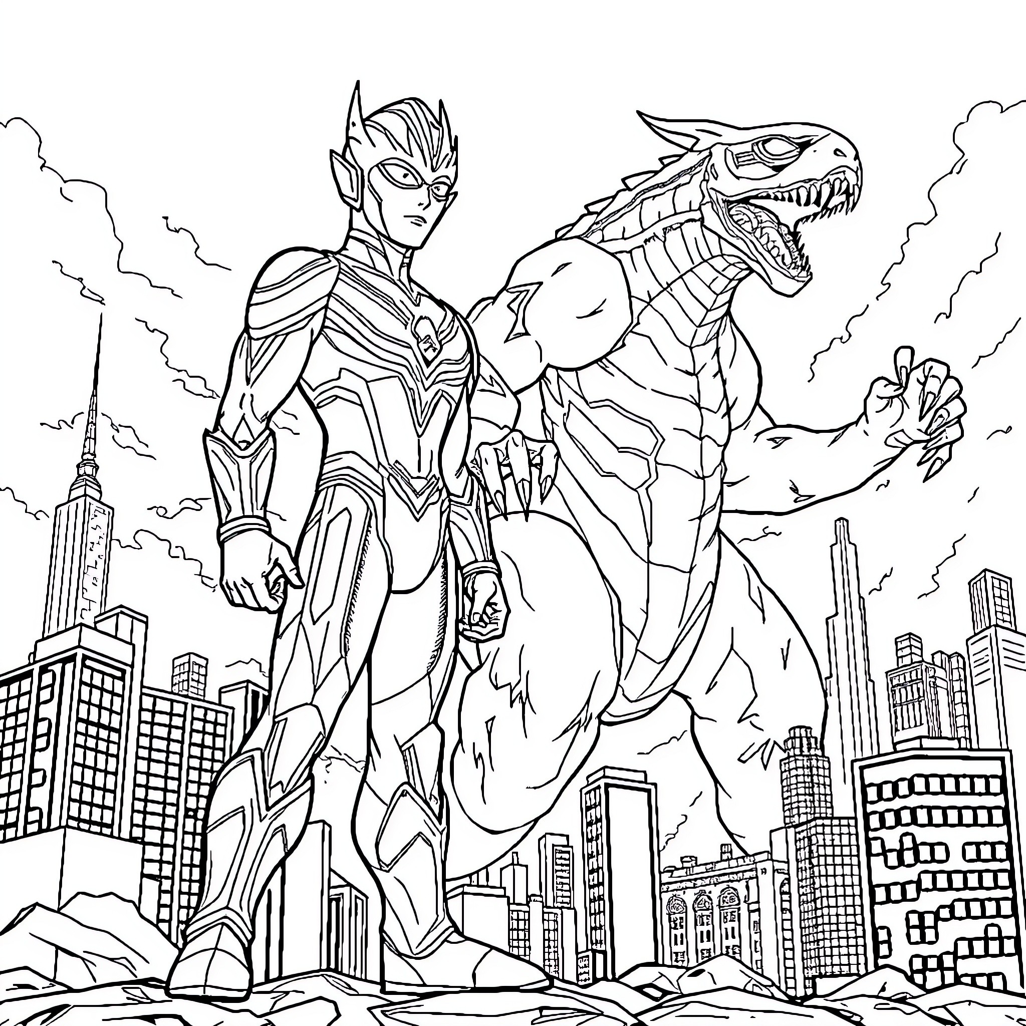 Ultraman fighting a monstrous dragon in the city Coloring Page (free black-and-white line drawing printable PDF for all, from beginners to advanced learners, including children, teens, adults, and seniors)