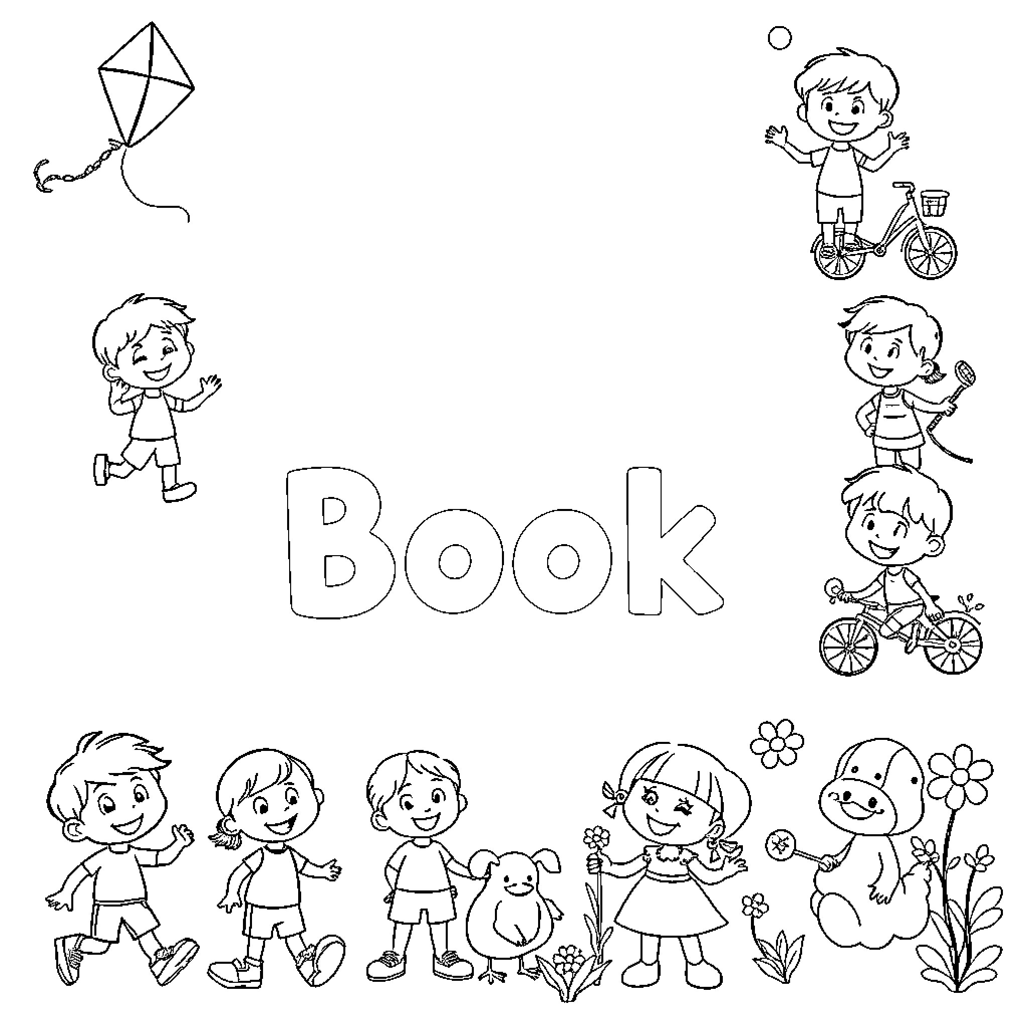 Children playing with toys in a book Coloring Page (free black-and-white line drawing printable PDF for all, from beginners to advanced learners, including children, teens, adults, and seniors)