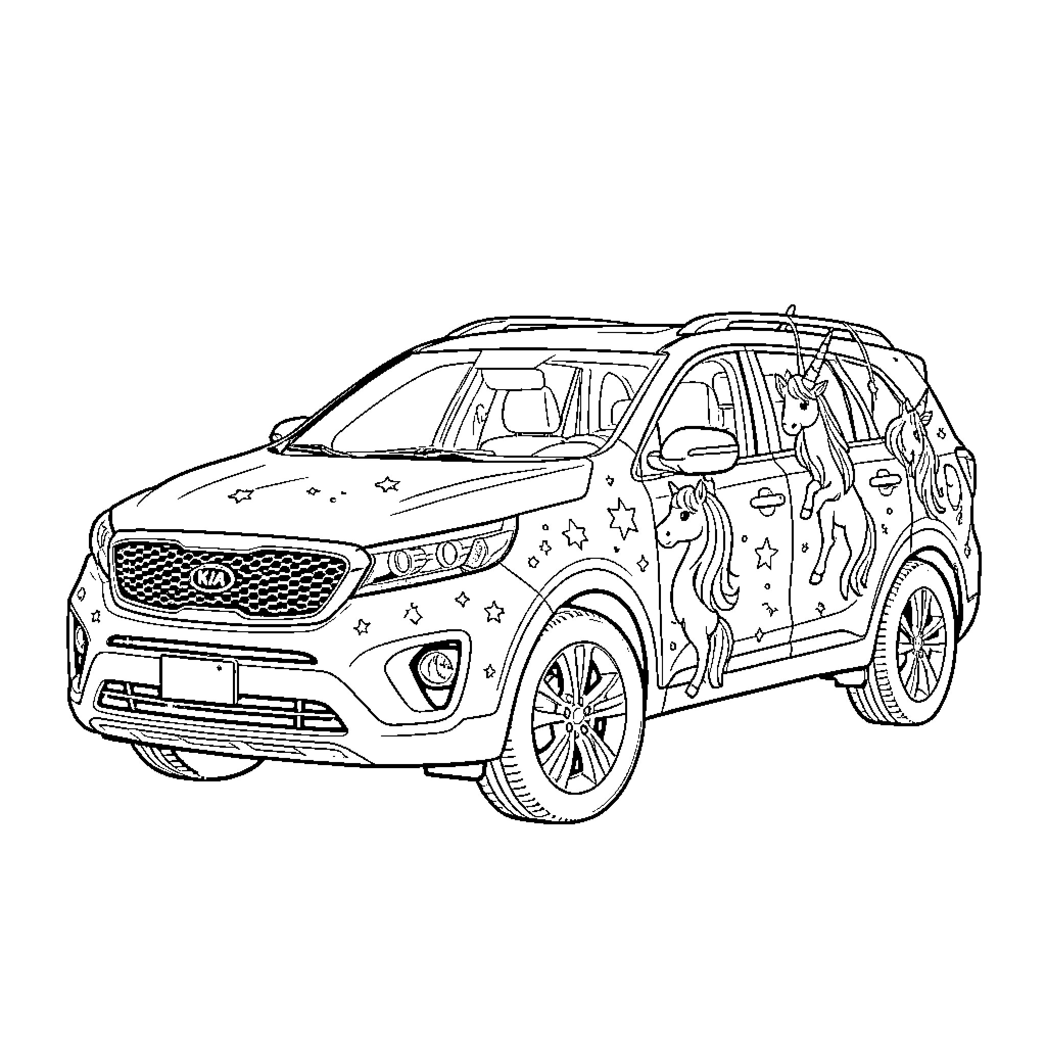 Unicorn decorations adorning a modern SUV vehicle Coloring Page (free black-and-white line drawing printable PDF for all, from beginners to advanced learners, including children, teens, adults, and seniors)