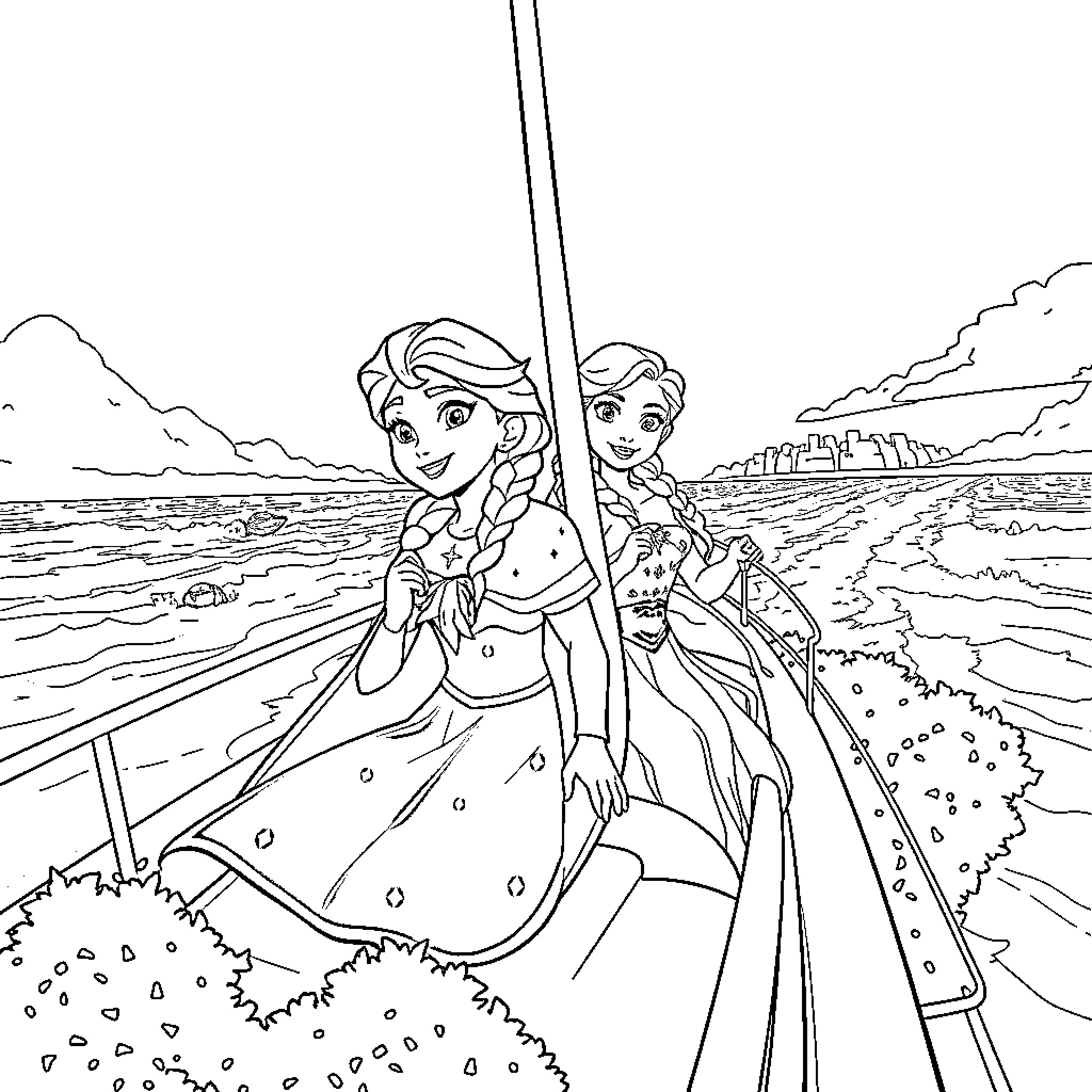 Anna and Elsa exploring the seaside scenery Coloring Page (free black-and-white line drawing printable PDF for all, from beginners to advanced learners, including children, teens, adults, and seniors)