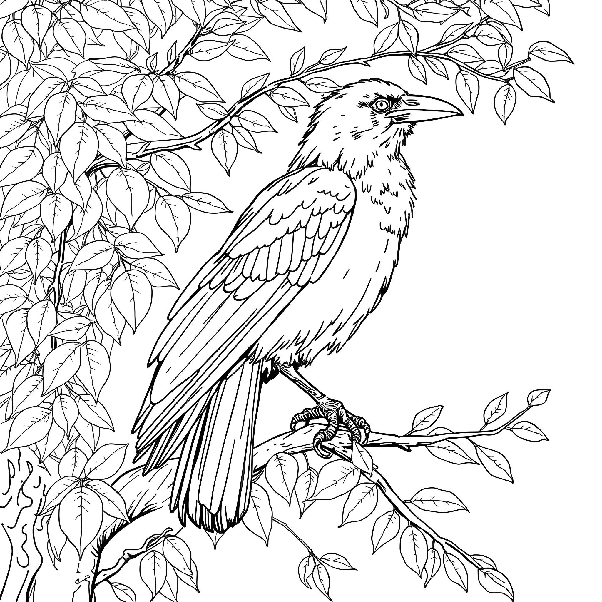 Crow perched on a branch surrounded by leaves Coloring Page (free black-and-white line drawing printable PDF for all, from beginners to advanced learners, including children, teens, adults, and seniors)