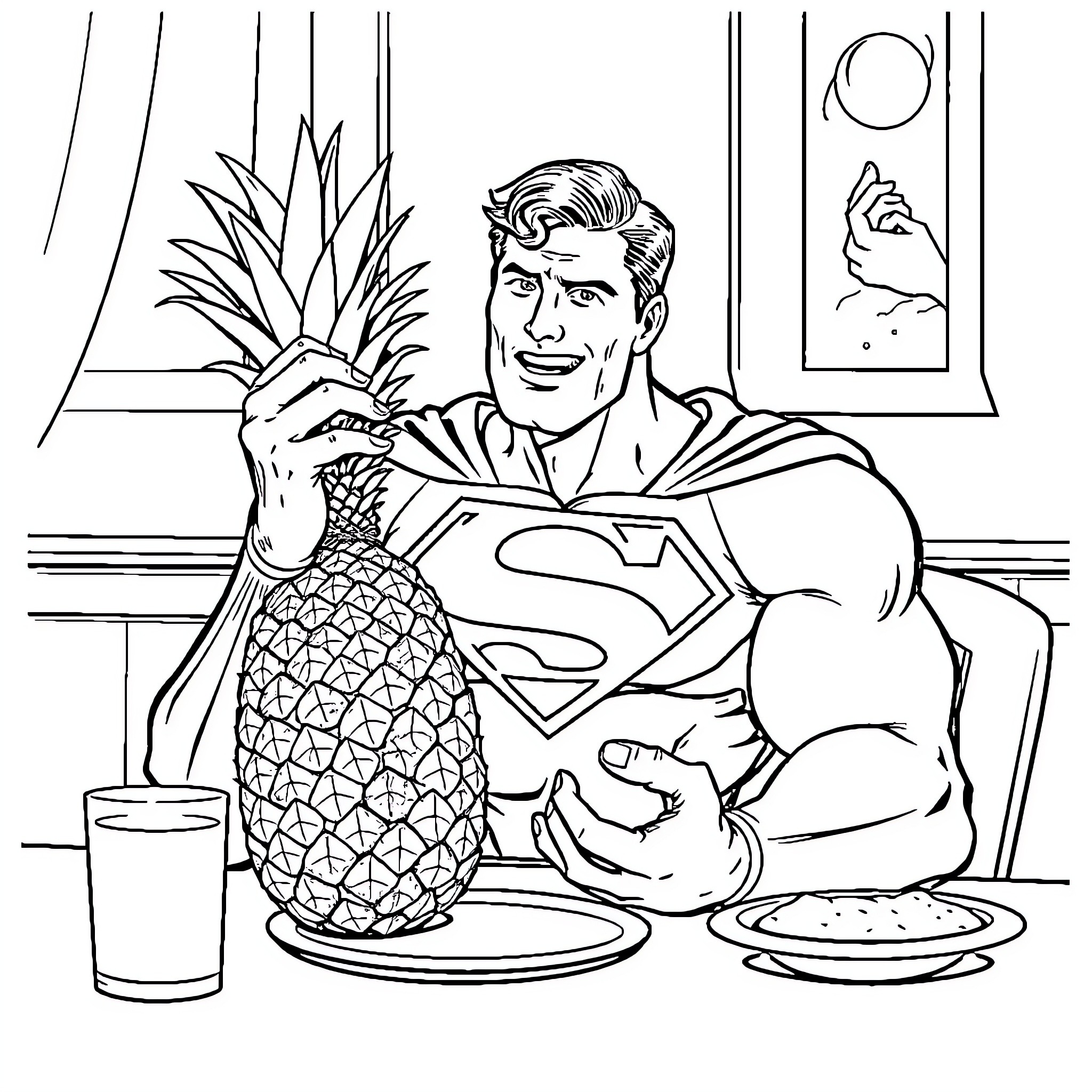 Superman enjoying a delicious pineapple snack Coloring Page (free black-and-white line drawing printable PDF for all, from beginners to advanced learners, including children, teens, adults, and seniors)