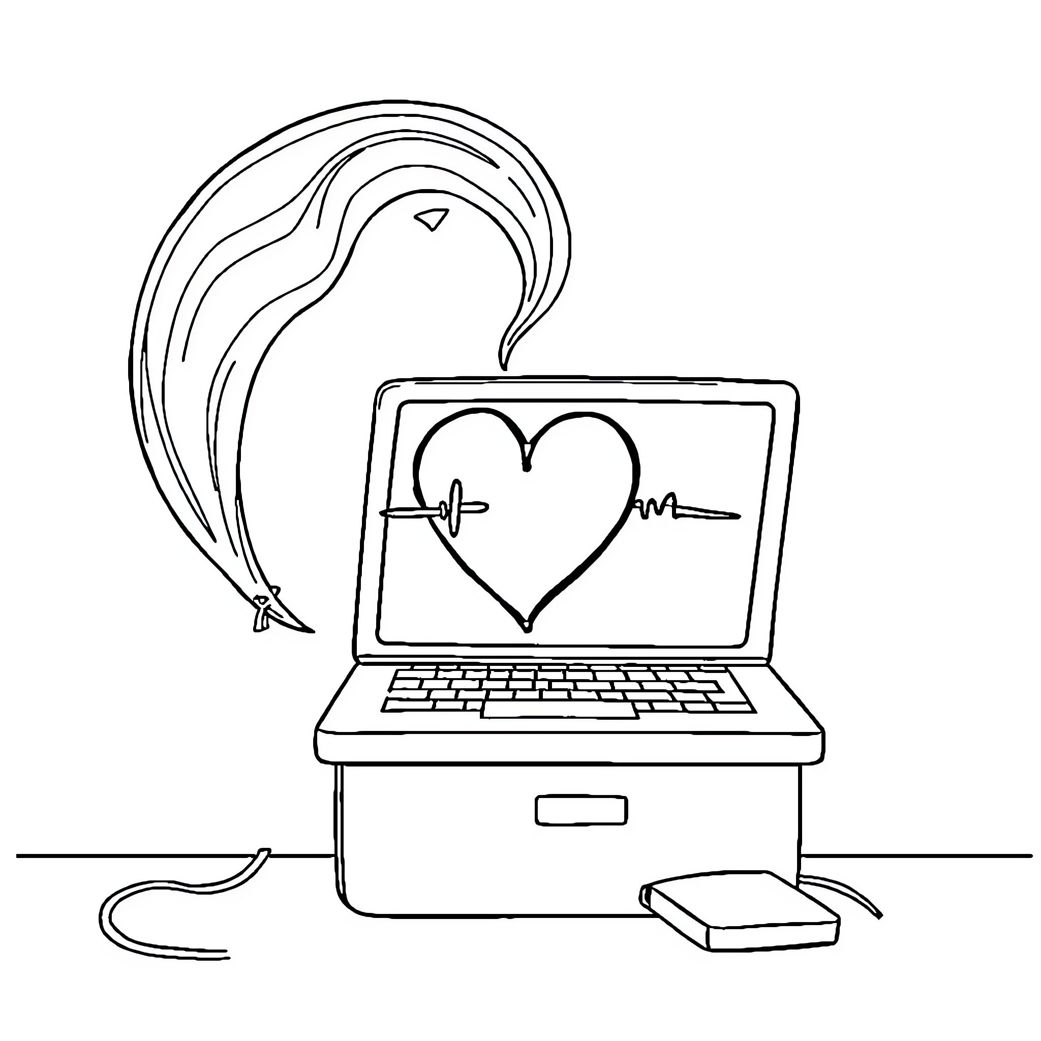 Computer displaying heart icon with wires Coloring Page (free black-and-white line drawing printable PDF for all, from beginners to advanced learners, including children, teens, adults, and seniors)