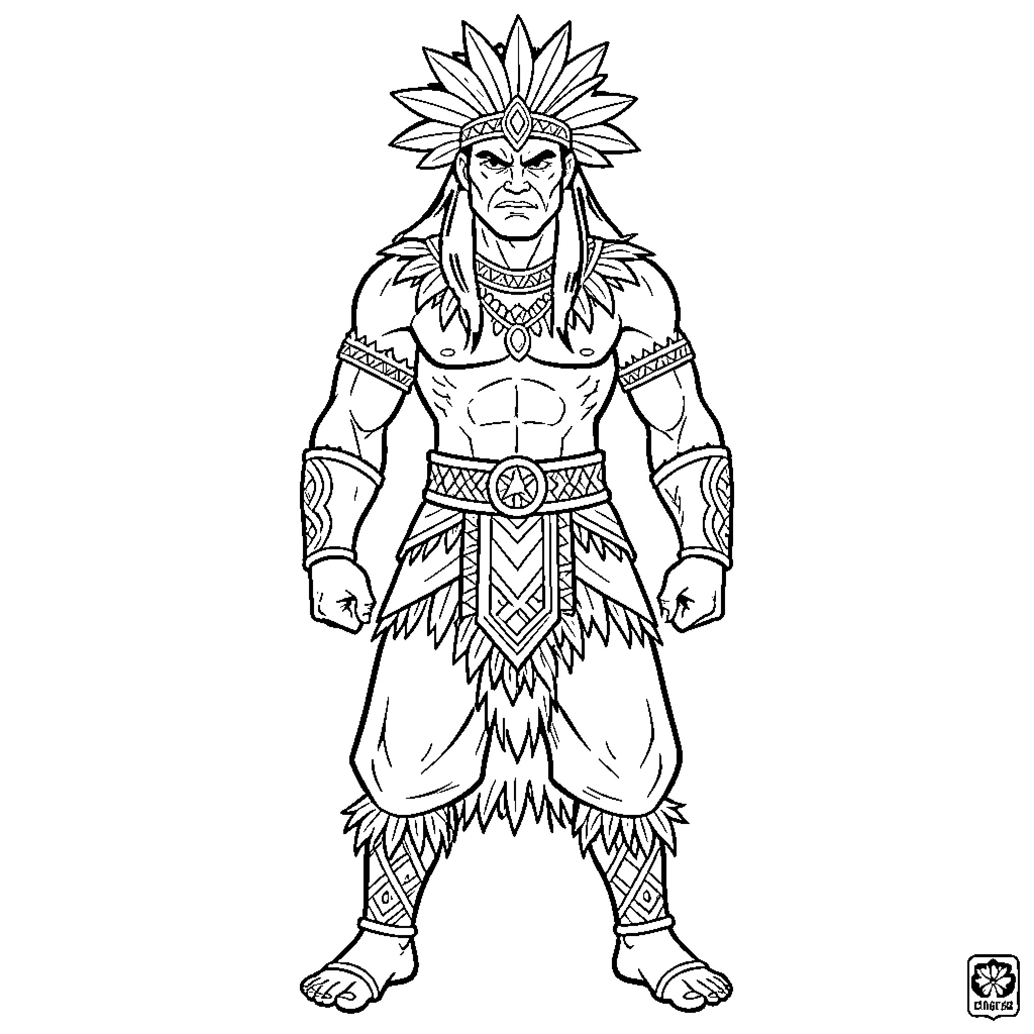 Ikaika wearing traditional tribal attire with an intense expression Coloring Page (free black-and-white line drawing printable PDF for all, from beginners to advanced learners, including children, teens, adults, and seniors)