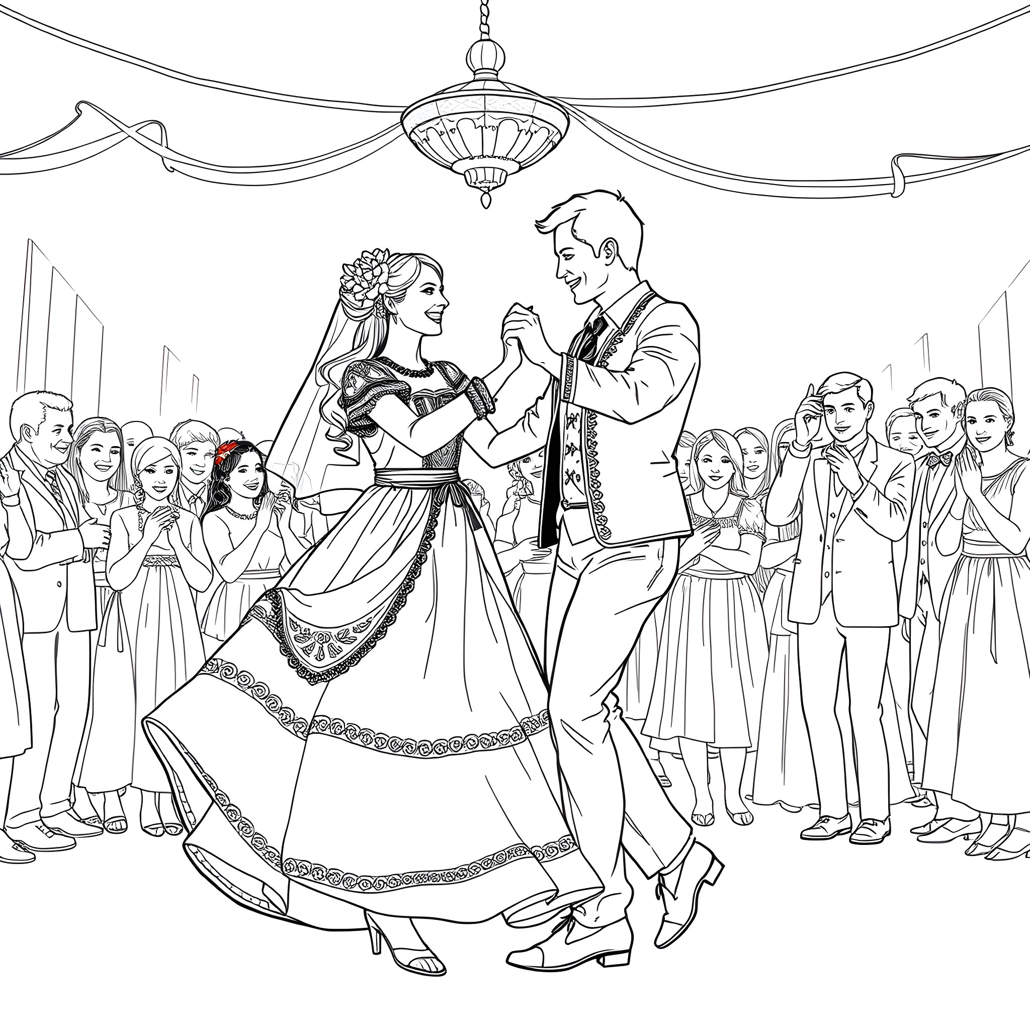 Bride and Groom Dancing at Wedding Ceremony Coloring Page (free black-and-white line drawing printable PDF for all, from beginners to advanced learners, including children, teens, adults, and seniors)