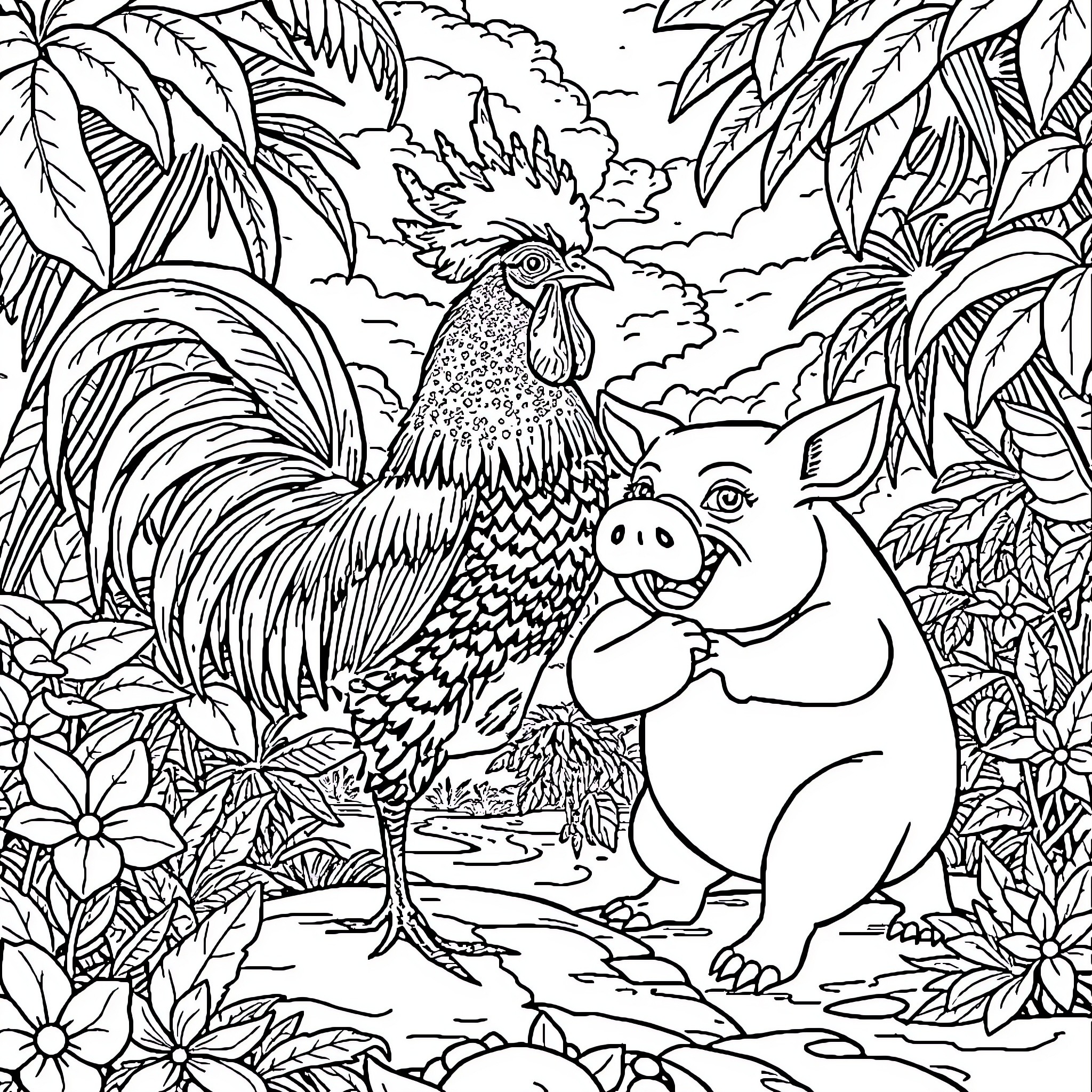 Rooster and Pig in Lush Jungle Landscape Coloring Page (free black-and-white line drawing printable PDF for all, from beginners to advanced learners, including children, teens, adults, and seniors)