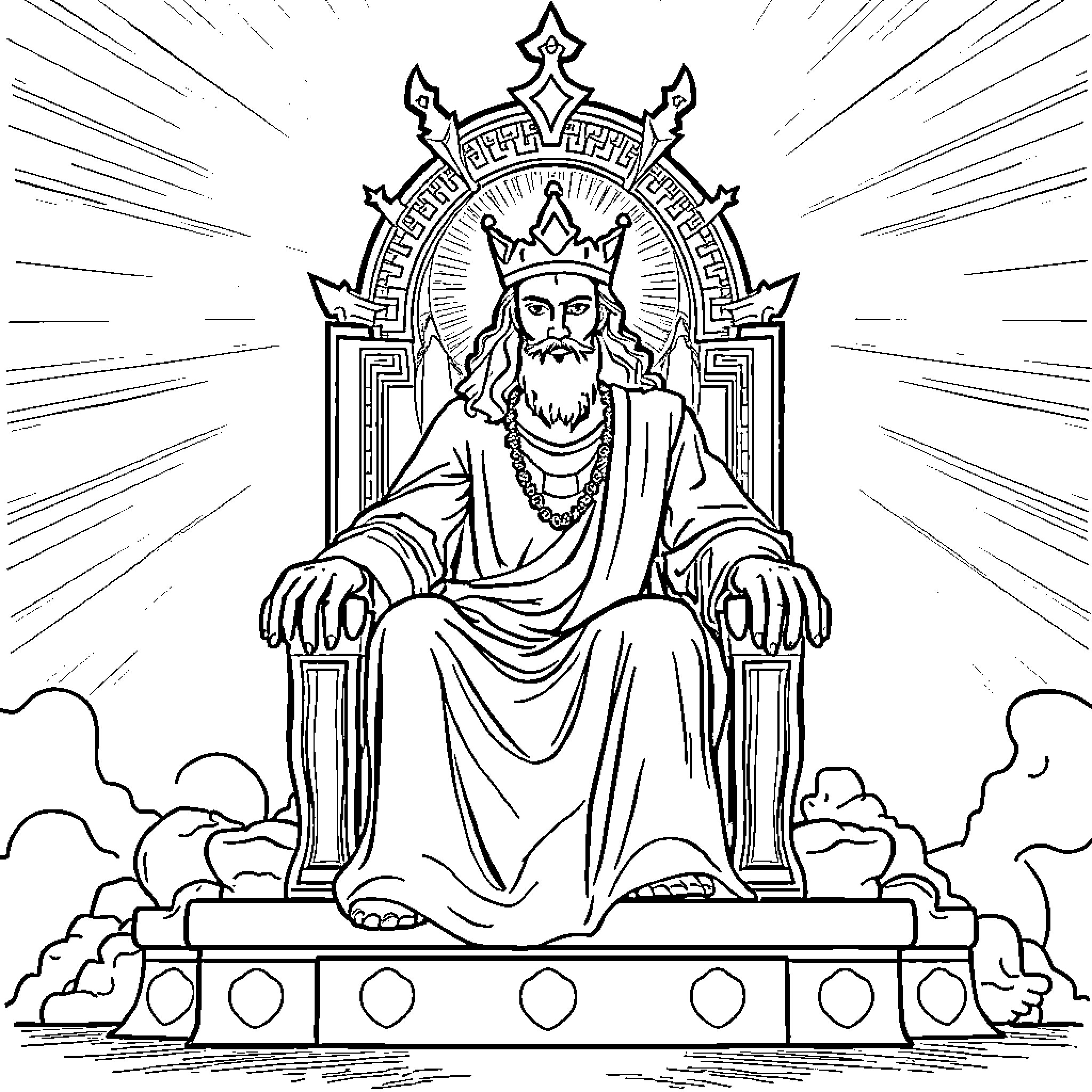 Yahusha seated on a throne with a crown Coloring Page (free black-and-white line drawing printable PDF for all, from beginners to advanced learners, including children, teens, adults, and seniors)