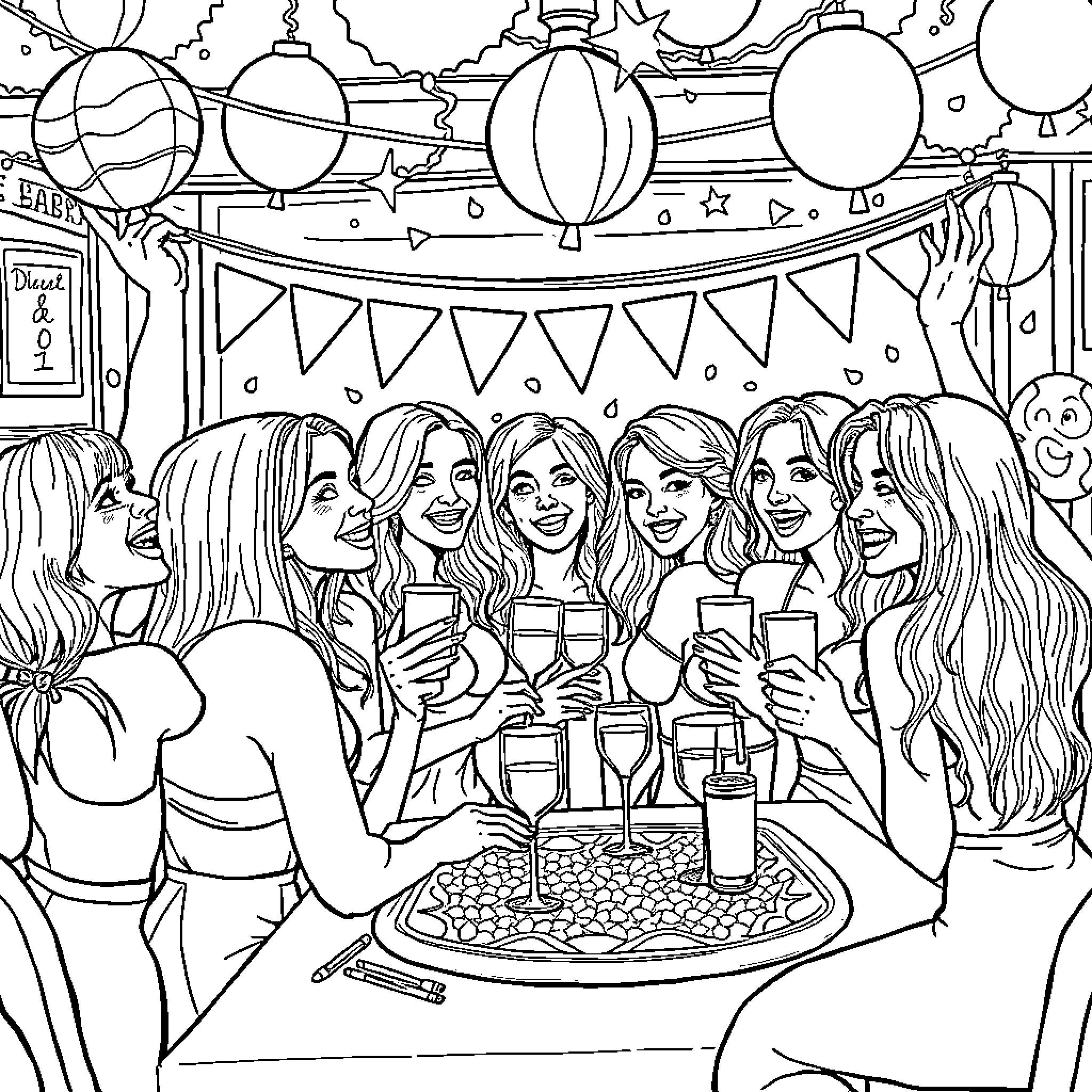 Bachelorette party with joyful ladies and festive decor Coloring Page (free black-and-white line drawing printable PDF for all, from beginners to advanced learners, including children, teens, adults, and seniors)